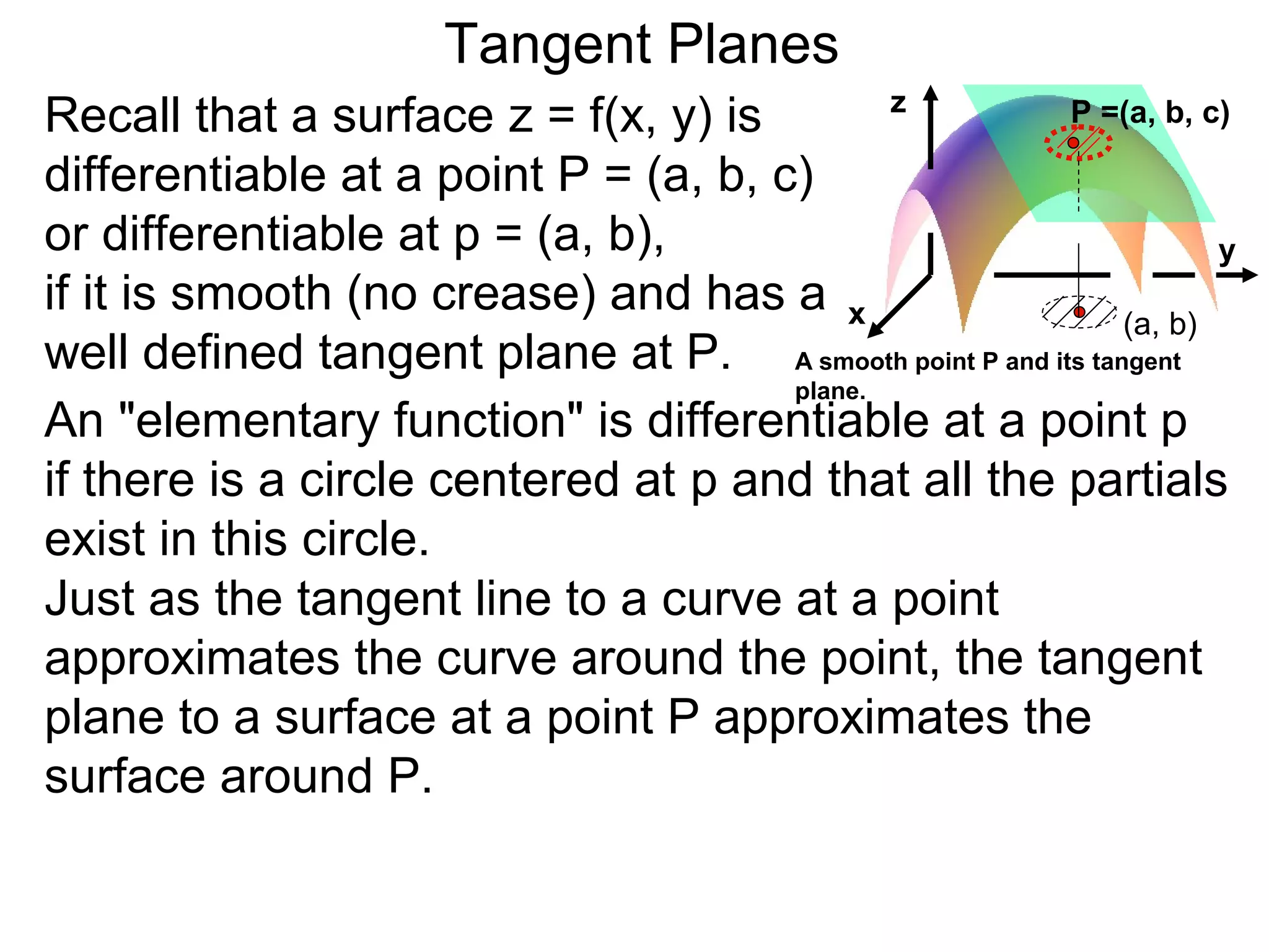 Tangent Planes
                                             z
Recall that a surface z = f(x, y) is                    P =(a, b, c)

differentiable at a point P = (a, b, c)
or differentiable at p = (a, b),                                    y
if it is smooth (no crease) and has a x
                                                             (a, b)
well defined tangent plane at P. A smooth point P and its tangent
                                      plane.
An "elementary function" is differentiable at a point p
if there is a circle centered at p and that all the partials
exist in this circle.
Just as the tangent line to a curve at a point
approximates the curve around the point, the tangent
plane to a surface at a point P approximates the
surface around P.
 