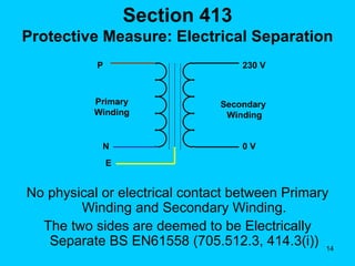 Section 413 Protective Measure: Electrical Separation No physical or electrical contact between Primary Winding and Secondary Winding. The two sides are deemed to be Electrically Separate BS EN61558 (705.512.3, 414.3(i)) P E N 230 V 0 V Primary Winding Secondary  Winding 