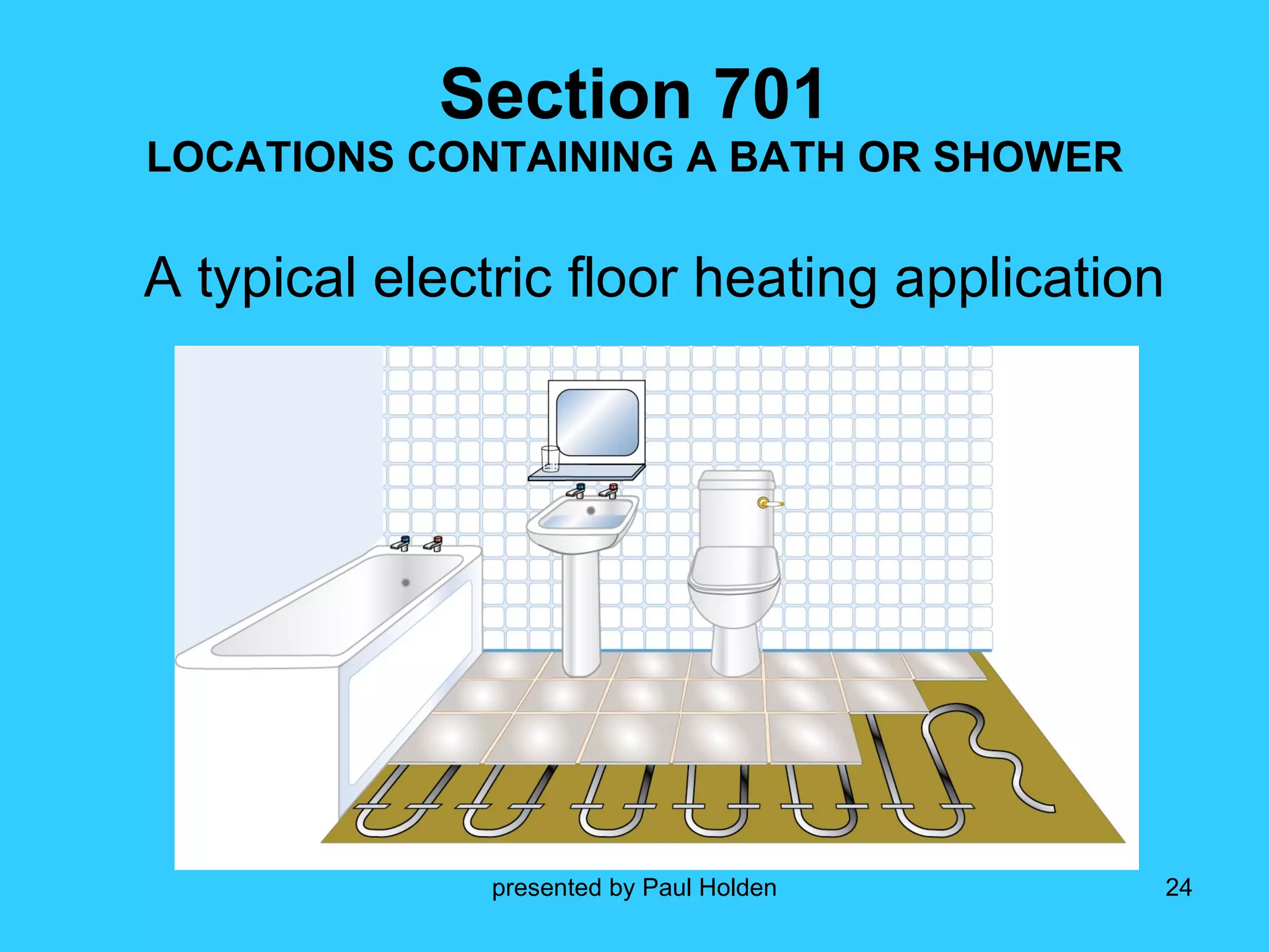 Section 701 LOCATIONS CONTAINING A BATH OR SHOWER A typical electric floor heating application 