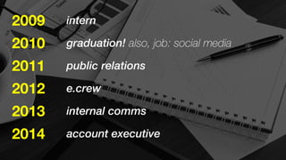 2009 intern 
2010 
2011 
2012 
2013 
2014 
graduation! also, job: social media 
public relations 
e.crew 
internal comms 
account executive 
 