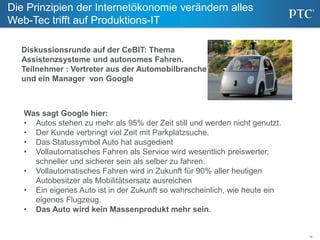 14
Die Prinzipien der Internetökonomie verändern alles
Web-Tec trifft auf Produktions-IT
Was sagt Google hier:
• Autos stehen zu mehr als 95% der Zeit still und werden nicht genutzt.
• Der Kunde verbringt viel Zeit mit Parkplatzsuche.
• Das Statussymbol Auto hat ausgedient
• Vollautomatisches Fahren als Service wird wesentlich preiswerter,
schneller und sicherer sein als selber zu fahren.
• Vollautomatisches Fahren wird in Zukunft für 90% aller heutigen
Autobesitzer als Mobilitätsersatz ausreichen
• Ein eigenes Auto ist in der Zukunft so wahrscheinlich, wie heute ein
eigenes Flugzeug.
• Das Auto wird kein Massenprodukt mehr sein.
Diskussionsrunde auf der CeBIT: Thema
Assistenzsysteme und autonomes Fahren.
Teilnehmer : Vertreter aus der Automobilbranche
und ein Manager von Google
 