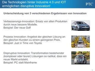 19
Die Technologien hinter Industrie 4.0 und IOT
ermöglichen disruptive Innovation!
Verbesserungs-Innovation: Ersatz von alten Produkten
durch neue bessere Modelle.
Beispiel: Der neue Golf
Unterscheidung von 3 verschiedenen Ergebnissen von Innovation
Dispruptive Innovation: Transformation bestehender
(komplexer oder teurer) Lösungen so radikal, dass ein
neuer Markt entsteht.
Beispiel: PC statt Mainframe
Prozess Innovation: Angebot der gleichen Lösung an
den gleichen Kunden zu einem geringeren Preis.
Beispiel: Just in Time von Toyota
 