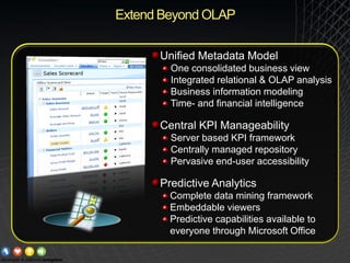 Extend Beyond OLAP

      Unified Metadata Model
        One consolidated business view
        Integrated relational & OL...