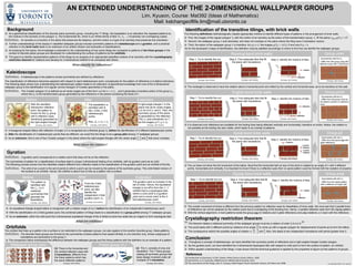 AN EXTENDED UNDERSTANDING OF THE 2-DIMENSIONAL WALLPAPER GROUPS
Lim, Kyuson, Course: Mat392 (Ideas of Mathematics)
Mail: kslchangeoflife.lim@mail.utoronto.ca
Identification of the transitive tilings, with brick walls
The following definitions methodologically classify appropriate motions to identify different types of patterns in the arrangement of brick walls.
As an extension, the surface could be folded from the 2-dimensional equilateral triangle to bond the two sides like an origami to form topological disk.
As an extension, this is one of four Coxeter polygon in the plane where the hexagon never overlaps, by reflections.
First, the images of the regular polygon T0 with the motion of an isometry as the action of the transformation group, 𝐺, fill the plane, g∈G g T0 = R2.
Second, the wallpaper group 𝐺 acts discretely, and does not overlaps on the plane where the tiling have 2 translation vectors.
Third, the action of the wallpaper group 𝐺 is transitive, for g, h ∈ 𝐺, the images g T0 = h T0 if and only if g = h.
The rectangle is observed to have the rotation about a horizontal point and reflect by the vertical and horizontal axes, as to be transitive on the wall.
It is observed only reflections are available for the boding lines being reflected vertically and horizontally, transitive on bricks. Notice, the rotation is
not possible as the boding line also rotate, which leads to an overlap of patterns.
Conclusion
Throughout a concept of kaleidoscope, we have identified the symmetry points of reflections and a right-angled triangle Coxeter polygon.
By the gyration point, we have identified the 3-dimensional topological disk with respect to orbit point to form the surface of pattern, an orbifold.
Within applied understanding of the tilings, it was shown that the technical guidance is applied by the properties to figure out the patterns of groups.
© Copyright 2020. Lim, Kyuson.
Reference
[1] Introduction to Geometry, H.S.M. Coxeter, Wiley Classics Library Edition, 1989.
[2] Geometries, A. B. Sossinsky, AMS(American Mathematical Society), 2012.
[3] The symmetries of the things, John H. Conway, Heidi Burgiel, Chaim Goodman-Strauss, AK Peters Ltd, 2008.
Kaleidoscope
Before
With the identified
intersection reflection
point, the pattern is
known for the 𝐷6 group
with 6 reflection axes,
transitively generated by
the right-angled triangle.
After
The tessellation is
identified with 6-
fold, 3-fold, 2-fold
kaleidoscopic
points.
Also, 𝐷6 ≅ 𝐷3 × 𝐶2
Extension
A right-angle triangle F in the
plane has all its vertex angles,
π/k for k=2,3, and 6. Then, the
symmetry group of the plane
is generated by the reflection.
The 𝐺𝐹 acts transitively on 𝐹,
as the images 𝑔 𝐹 , 𝑔 ∈ 𝐺𝐹.
A hexagonal shaped lattice with reflection of angle π/6 is recognized as a dihedral group 𝐷6 before the identification of 3 different kaleidoscopic points.
After the identification of 3 kaleidoscopic points that are different, we could find the tilings to be a group p6m among 17 wallpaper groups.
What about the rotation?
A Kaleidoscope is the patterns whose symmetries are defined by reflections.
The classification of reflections becomes apparent with respect to each kaleidoscopic point, conceptually for the pattern of reflections in 6 distinct directions.
The following steps shows how understanding the kaleidoscopic pattern leads to an extension of geometrical knowledge from one of the 2-dimensional
wallpaper group to the identification of a regular convex hexagon of Coxeter geometries in the plane.
The Coxeter polygon (F) is defined as all vertex angles are of the form π/k for k = 2, 3, … and it generates a transitive action of the group GF,
where the GF is the transformation group generated by the reflections in the planes containing the faces of F.
Definition.
(Conway, John Horton) (Conway, John Horton)
(Conway, John Horton)
Gyration
A gyration point corresponds to a rotation point that does not lie on the reflection.
The symmetries of pattern for a classification of surface lead to unique 3-dimensional folding of an orbifolds, with its gyration point as an orbit.
The following process shows how the identified rotation different from reflection leads to the classification of the gyration point and an orbifold of the tile.
Before
The pattern is
identified with
the 𝐶3, 2π/3
rotational
symmetries that
generate the
tessellation.
After
From the 3-fold
kaleidoscopic
point, we also
identify the
independent 3-fold
gyration point, 𝐷3.
Extended
An equilateral triangle shaped lattice is recognized with a rotation angle of 2π/3 before the identification of an independent kaleidoscopic point.
With the identification of a 3-fold gyration point, the combined pattern of tilings leads to a classification to a group p31m among 17 wallpaper groups.
What are orbifolds?
The gyration point is included in the
set of orbits. Hence, the equilateral
triangle is cut off to form the 3 ∗ 3
orbifold that is a topological disk,
where a cone point is a gyration
point and a corner point is the 3-
fold kaleidoscopic point.
Definition.
The orbit of an a point is the set of points to which a point can be moved by the actions of the symmetry group. This orbit-folded version of
the surface is an orbifold. Hence, the orbifold is about how to fold up a pattern into a surface.
Definition.
(Conway, John Horton)
(Conway, John Horton)
(Conway, John Horton)
The orbifold that folds up a pattern into a surface is not restricted to the wallpaper groups, but also applies to the another discrete group, frieze patterns.
Wallpaper group (pm)
Orbifolds
The comparison below emphasizes the difference between the wallpaper groups and the frieze patterns with the definition by an example of a pattern.
Frieze group (𝐹1)
There is the horizontal and
the vertical reflection axes with
2 translations, different from
the frieze patterns which has
the same reflection patterns.
The 𝐹1 consists of only one
translation. The 7 frieze groups
catalog all symmetry groups that
leave design invariant under all
multiples of 1 translation.
The discrete frieze groups are formed by the symmetries of plane patterns that repeat infinitely in one direction only, whose subgroups of
translations are isomorphic to the group 𝑍.
Definition.
(Conway, John Horton) (Conway, John Horton)
Background
As a geometrical classification of the discrete plane symmetry group, including the 17 tilings, the tessellation is an allocation the repeated patterns by
the motions in the isometry to the polygon T0, the fundamental tile, which is an infinite family of tiles T1, T2, … of pairwise non-overlapping copies.
The goal is to identify representative patterns of the tilings by an analysis of an appropriate classified motions of an isometry with the crystallography
restriction theorem for rotations and develop for 3-dimensional orbifold to be compared with others.
As studying for the topics, the knowledge is extended to the understanding of how some tilings are compared to patterns of the frieze groups in the
context of discrete planar groups and developed for understanding the surface of patterns by the orbifolds.
What classify for reflections?
Further understandings of the beauty in classified wallpaper groups includes symmetric patterns of a kaleidoscope and a gyration, and a practical
intention in the brick walls leads to an extension of an artistic intuition and examples of classifications.
Running bond brick walls
Step 2. Find adequate tiles that fill
the plane with translations.
T0 ∶
Step 3. Identify the motions of tiles.
reflection
rotation
Group cmm
Step 1. Try to identify the cut. - Symmetries with the D2.
- Differ from the group pmg with
reflection axes with 2 directions.
(Conway, John Horton)
(Conway, John Horton)
(Conway, John Horton)
(Conway, John Horton)
English bond brick walls Group pmm
- Symmetries with the D2.
Step 1. Try to identify the cut.
- Differ from the group cmm as
all rotation centers on reflection
axes.
reflection
reflection
Step 2. Find adequate tiles that fill
the plane with translations.
T0 ∶
Step 3. Identify the motions of tiles.
(Conway, John Horton)
(Conway, John Horton)
(Conway, John Horton)
(Conway, John Horton)
Spiral bond brick walls
2 points
rotations
Group p2
- Symmetries with the C2.
- Differ from the group pgg with
glide reflections.
2 points
rotations
rotations
Step 1. Try to identify the cut. Step 2. Find adequate tiles that fill
the plane with translations.
T0 ∶
Step 3. Identify the motions of tiles.
(Conway, John Horton)
(Conway, John Horton) (Conway, John Horton)
(Conway, John Horton)
Zigzag bond brick walls
The overall movement of bricks is different from the previous pattern by reflection axes for tessellation of brick walls. We must see that 2 parallel lines
of reflections can not be replaced by the rotation point due to overlapping of the bonding line. Hence, 2 parallel reflection axes form the zigzag pattern.
Group pmg
- Differ from the spiral pattern
with a reflection to begin with.
reflection
rotation
Step 1. Try to identify the cut. Step 2. Find adequate tiles that fill
the plane with translations.
T0 ∶
Step 3. Identify the motions of tiles.
- Symmetries with the D2.
(Conway, John Horton)
(Conway, John Horton) (Conway, John Horton)
(Conway, John Horton)
Crystallography restriction theorem
The proof starts with 2 different points by rotations of an angle
2π
n
to come up with a regular polygon for displacements of points as to form the lattice.
“
As an extension, this is one of four Coxeter polygon in the plane where the right-angled triangle with the vertex angle
𝜋
2
,
𝜋
3
and
𝜋
6
that never overlaps.
As an extension, within the orbit point the 2-dimensional equilateral triangle of tile is folded to bond two sides like an origami to form topological disk.
”
The theorem states a rotational symmetry of the wallpaper groups must be a rotation of order 2,3,4 or 6.
The consequence restrict the possible angles of rotation π,
2π
3
,
π
2
and
π
3
. Also, this leads to two independent translations with period greater than 2.
Definition.
The cut does not show the full movement of the lattice. Must find the horizontal half cut size of the brick is rotated by an angle of π with 4 different
points, horizontally and vertically. It is important to know if there is a reflection axes then no spiral pattern could be formed with the violation of property.
An isometry is a function in the plane that preserves the distance, and the motion is a type of an isometry that preserves the orientation.
Definition.
As for the developed 3 steps of identification, the definition must be satisfied accordingly to check to find how we identify the wallpaper groups.
With the vertical alignment, 2 more patterns exists the group pgg (2 rotations and 2 glide reflections) and p4g (rotations π/2 each with the reflection).
 