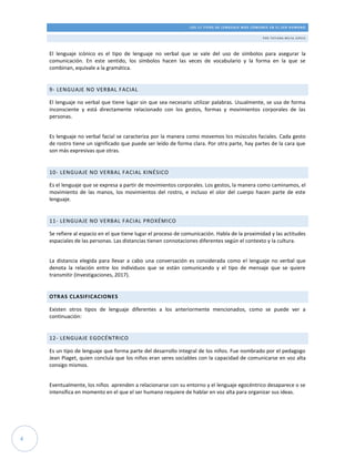 LOS 17 TIPOS DE LENGUAJE MÁS COMUNES EN EL SER HUMANO
POR TATI ANA ME JI A JE RVI S
4
El lenguaje icónico es el tipo de lenguaje no verbal que se vale del uso de símbolos para asegurar la
comunicación. En este sentido, los símbolos hacen las veces de vocabulario y la forma en la que se
combinan, equivale a la gramática.
9- LENGUAJE NO VERBAL FACIAL
El lenguaje no verbal que tiene lugar sin que sea necesario utilizar palabras. Usualmente, se usa de forma
inconsciente y está directamente relacionado con los gestos, formas y movimientos corporales de las
personas.
Es lenguaje no verbal facial se caracteriza por la manera como movemos los músculos faciales. Cada gesto
de rostro tiene un significado que puede ser leído de forma clara. Por otra parte, hay partes de la cara que
son más expresivas que otras.
10- LENGUAJE NO VERBAL FACIAL KINÉSICO
Es el lenguaje que se expresa a partir de movimientos corporales. Los gestos, la manera como caminamos, el
movimiento de las manos, los movimientos del rostro, e incluso el olor del cuerpo hacen parte de este
lenguaje.
11- LENGUAJE NO VERBAL FACIAL PROXÉMICO
Se refiere al espacio en el que tiene lugar el proceso de comunicación. Habla de la proximidad y las actitudes
espaciales de las personas. Las distancias tienen connotaciones diferentes según el contexto y la cultura.
La distancia elegida para llevar a cabo una conversación es considerada como el lenguaje no verbal que
denota la relación entre los individuos que se están comunicando y el tipo de mensaje que se quiere
transmitir (Investigaciones, 2017).
OTRAS CLASIFICACIONES
Existen otros tipos de lenguaje diferentes a los anteriormente mencionados, como se puede ver a
continuación:
12- LENGUAJE EGOCÉNTRICO
Es un tipo de lenguaje que forma parte del desarrollo integral de los niños. Fue nombrado por el pedagogo
Jean Piaget, quien concluía que los niños eran seres sociables con la capacidad de comunicarse en voz alta
consigo mismos.
Eventualmente, los niños aprenden a relacionarse con su entorno y el lenguaje egocéntrico desaparece o se
intensifica en momento en el que el ser humano requiere de hablar en voz alta para organizar sus ideas.
 