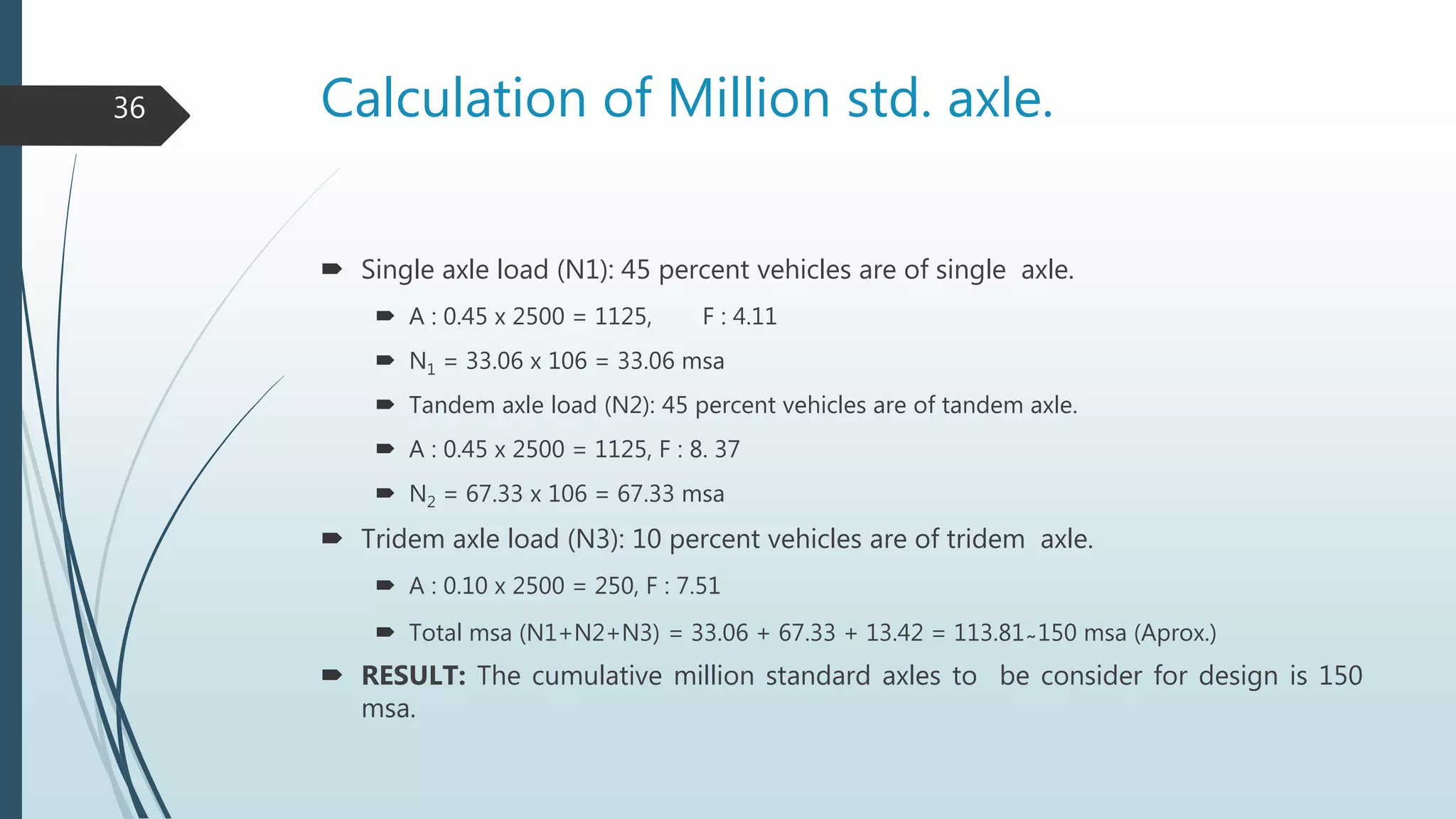 Calculation of Million std. axle.
 Single axle load (N1): 45 percent vehicles are of single axle.
 A : 0.45 x 2500 = 1125, F : 4.11
 N1 = 33.06 x 106 = 33.06 msa
 Tandem axle load (N2): 45 percent vehicles are of tandem axle.
 A : 0.45 x 2500 = 1125, F : 8. 37
 N2 = 67.33 x 106 = 67.33 msa
 Tridem axle load (N3): 10 percent vehicles are of tridem axle.
 A : 0.10 x 2500 = 250, F : 7.51
 Total msa (N1+N2+N3) = 33.06 + 67.33 + 13.42 = 113.81 ̴ 150 msa (Aprox.)
 RESULT: The cumulative million standard axles to be consider for design is 150
msa.
36
 