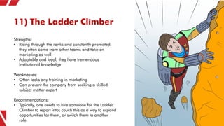 11) The Ladder Climber
Strengths:
• Rising through the ranks and constantly promoted,
they often come from other teams and...