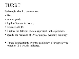 TURBT
Pathologist should comment on:
 Size
 tumour grade
 depth of tumour invasion,
 presence of CIS
 whether the detrusor muscle is present in the specimen.
 specify the presence of LVI or unusual (variant) histology
 If there is uncertainty over the pathology, a further early re-
resection (2-6 wk.) is indicated.
 
