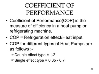 15
COEFFICIENT OF
PERFORMANCE
• Coefficient of Performance(COP) is the
measure of efficiency in a heat pump or
refrigerating machine.
• COP = Refrigeration effect/Heat input
• COP for different types of Heat Pumps are
as follows :-
Double effect type = 1.2
Single effect type = 0.65 - 0.7
 
