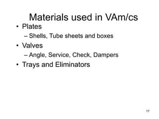 17
Materials used in VAm/cs
• Plates
– Shells, Tube sheets and boxes
• Valves
– Angle, Service, Check, Dampers
• Trays and Eliminators
 