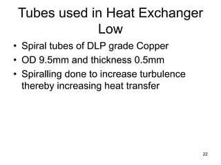 22
Tubes used in Heat Exchanger
Low
• Spiral tubes of DLP grade Copper
• OD 9.5mm and thickness 0.5mm
• Spiralling done to increase turbulence
thereby increasing heat transfer
 