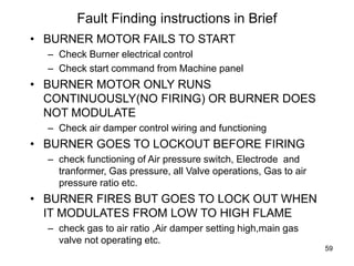 59
Fault Finding instructions in Brief
• BURNER MOTOR FAILS TO START
– Check Burner electrical control
– Check start command from Machine panel
• BURNER MOTOR ONLY RUNS
CONTINUOUSLY(NO FIRING) OR BURNER DOES
NOT MODULATE
– Check air damper control wiring and functioning
• BURNER GOES TO LOCKOUT BEFORE FIRING
– check functioning of Air pressure switch, Electrode and
tranformer, Gas pressure, all Valve operations, Gas to air
pressure ratio etc.
• BURNER FIRES BUT GOES TO LOCK OUT WHEN
IT MODULATES FROM LOW TO HIGH FLAME
– check gas to air ratio ,Air damper setting high,main gas
valve not operating etc.
 