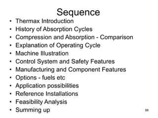 88
Sequence
• Thermax Introduction
• History of Absorption Cycles
• Compression and Absorption - Comparison
• Explanation of Operating Cycle
• Machine Illustration
• Control System and Safety Features
• Manufacturing and Component Features
• Options - fuels etc
• Application possibilities
• Reference Installations
• Feasibility Analysis
• Summing up
 