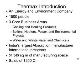 89
Thermax Introduction
• An Energy and Environment Company
• 1500 people
• 3 Core Business Areas
– Cooling and Heating Products
– Boilers, Heaters, Power, and Environmental
Projects
– Water and Waste water and Chemicals
• India’s largest Absorption manufacturer
International presence
• 51,345 sq m of manufacturing space
• Sales of 1200 Cr
 