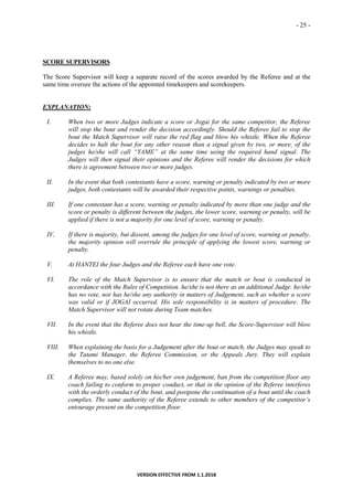 - 25 -
VERSION EFFECTIVE FROM 1.1.2018
SCORE SUPERVISORS
The Score Supervisor will keep a separate record of the scores awarded by the Referee and at the
same time oversee the actions of the appointed timekeepers and scorekeepers.
EXPLANATION:
I. When two or more Judges indicate a score or Jogai for the same competitor, the Referee
will stop the bout and render the decision accordingly. Should the Referee fail to stop the
bout the Match Supervisor will raise the red flag and blow his whistle. When the Referee
decides to halt the bout for any other reason than a signal given by two, or more, of the
judges he/she will call “YAME” at the same time using the required hand signal. The
Judges will then signal their opinions and the Referee will render the decisions for which
there is agreement between two or more judges.
II. In the event that both contestants have a score, warning or penalty indicated by two or more
judges, both contestants will be awarded their respective points, warnings or penalties.
III. If one contestant has a score, warning or penalty indicated by more than one judge and the
score or penalty is different between the judges, the lower score, warning or penalty, will be
applied if there is not a majority for one level of score, warning or penalty.
IV. If there is majority, but dissent, among the judges for one level of score, warning or penalty,
the majority opinion will overrule the principle of applying the lowest score, warning or
penalty.
V. At HANTEI the four Judges and the Referee each have one vote.
VI. The role of the Match Supervisor is to ensure that the match or bout is conducted in
accordance with the Rules of Competition. he/she is not there as an additional Judge. he/she
has no vote, nor has he/she any authority in matters of Judgement, such as whether a score
was valid or if JOGAI occurred. His sole responsibility is in matters of procedure. The
Match Supervisor will not rotate during Team matches.
VII. In the event that the Referee does not hear the time-up bell, the Score-Supervisor will blow
his whistle.
VIII. When explaining the basis for a Judgement after the bout or match, the Judges may speak to
the Tatami Manager, the Referee Commission, or the Appeals Jury. They will explain
themselves to no one else.
IX. A Referee may, based solely on his/her own judgement, ban from the competition floor any
coach failing to conform to proper conduct, or that in the opinion of the Referee interferes
with the orderly conduct of the bout, and postpone the continuation of a bout until the coach
complies. The same authority of the Referee extends to other members of the competitor’s
entourage present on the competition floor.
 