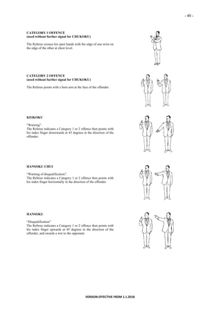 - 40 -
VERSION EFFECTIVE FROM 1.1.2018
CATEGORY 1 OFFENCE
(used without further signal for CHUKOKU)
The Referee crosses his open hands with the edge of one wrist on
the edge of the other at chest level.
CATEGORY 2 OFFENCE
(used without further signal for CHUKOKU)
The Referee points with a bent arm at the face of the offender.
KEIKOKU
“Warning”.
The Referee indicates a Category 1 or 2 offence then points with
his index finger downwards at 45 degrees in the direction of the
offender.
HANSOKU CHUI
“Warning of disqualification”.
The Referee indicates a Category 1 or 2 offence then points with
his index finger horizontally in the direction of the offender.
HANSOKU
“Disqualification”
The Referee indicates a Category 1 or 2 offence then points with
his index finger upwards at 45 degrees in the direction of the
offender, and awards a win to the opponent.
 