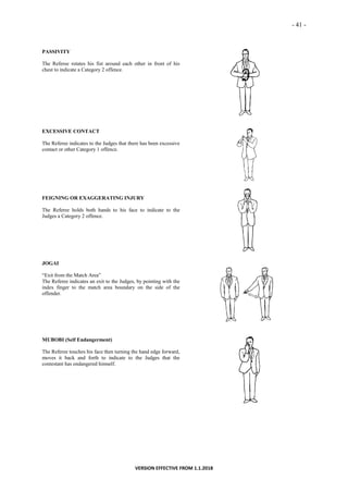 - 41 -
VERSION EFFECTIVE FROM 1.1.2018
PASSIVITY
The Referee rotates his fist around each other in front of his
chest to indicate a Category 2 offence.
EXCESSIVE CONTACT
The Referee indicates to the Judges that there has been excessive
contact or other Category 1 offence.
FEIGNING OR EXAGGERATING INJURY
The Referee holds both hands to his face to indicate to the
Judges a Category 2 offence.
JOGAI
“Exit from the Match Area”
The Referee indicates an exit to the Judges, by pointing with the
index finger to the match area boundary on the side of the
offender.
MUBOBI (Self Endangerment)
The Referee touches his face then turning the hand edge forward,
moves it back and forth to indicate to the Judges that the
contestant has endangered himself.
 