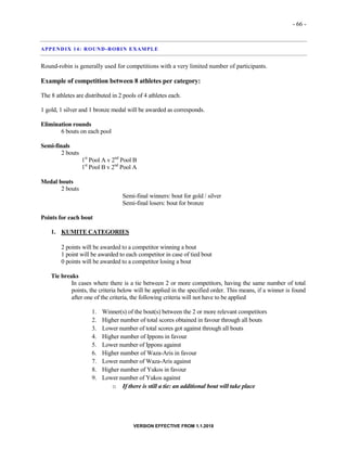 - 66 -
VERSION EFFECTIVE FROM 1.1.2018
APPENDIX 14: ROUND-ROBIN EXAMPLE
Round-robin is generally used for competitions with a very limited number of participants.
Example of competition between 8 athletes per category:
The 8 athletes are distributed in 2 pools of 4 athletes each.
1 gold, 1 silver and 1 bronze medal will be awarded as corresponds.
Elimination rounds
6 bouts on each pool
Semi-finals
2 bouts
1st
Pool A v 2nd
Pool B
1st
Pool B v 2nd
Pool A
Medal bouts
2 bouts
Semi-final winners: bout for gold / silver
Semi-final losers: bout for bronze
Points for each bout
1. KUMITE CATEGORIES
2 points will be awarded to a competitor winning a bout
1 point will be awarded to each competitor in case of tied bout
0 points will be awarded to a competitor losing a bout
Tie breaks
In cases where there is a tie between 2 or more competitors, having the same number of total
points, the criteria below will be applied in the specified order. This means, if a winner is found
after one of the criteria, the following criteria will not have to be applied
1. Winner(s) of the bout(s) between the 2 or more relevant competitors
2. Higher number of total scores obtained in favour through all bouts
3. Lower number of total scores got against through all bouts
4. Higher number of Ippons in favour
5. Lower number of Ippons against
6. Higher number of Waza-Aris in favour
7. Lower number of Waza-Aris against
8. Higher number of Yukos in favour
9. Lower number of Yukos against
o If there is still a tie: an additional bout will take place
 
