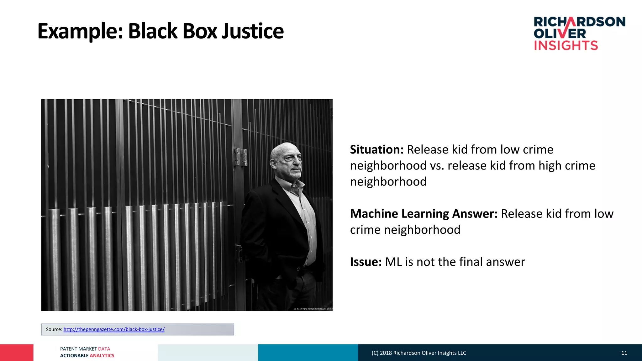 PATENT MARKET DATA
ACTIONABLE ANALYTICS
Example: Black Box Justice
Source: http://thepenngazette.com/black-box-justice/
Situation: Release kid from low crime
neighborhood vs. release kid from high crime
neighborhood
Machine Learning Answer: Release kid from low
crime neighborhood
Issue: ML is not the final answer
(C) 2018 Richardson Oliver Insights LLC 11
 