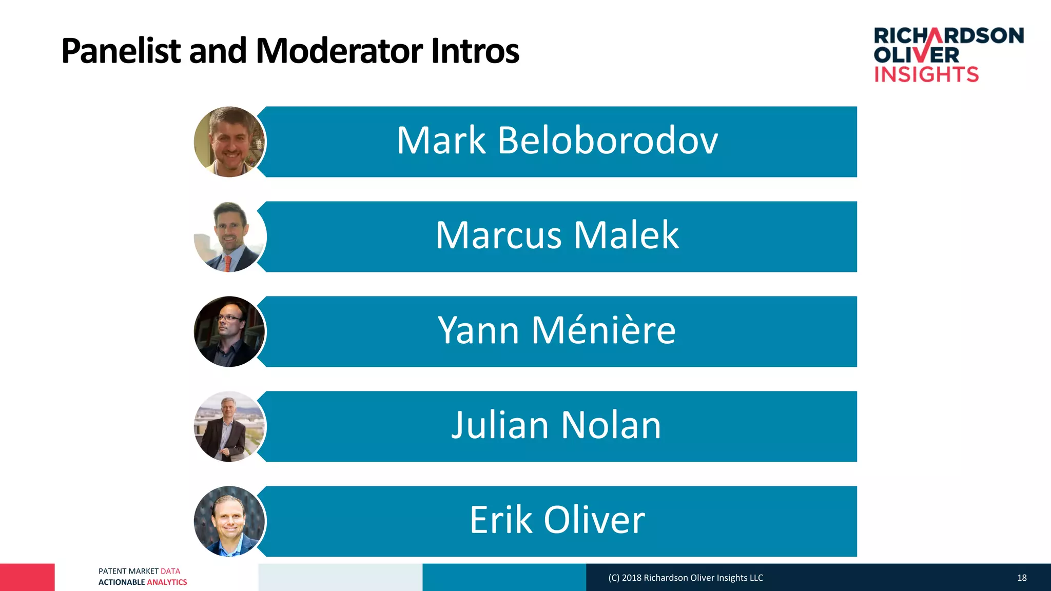 PATENT MARKET DATA
ACTIONABLE ANALYTICS
Panelist and Moderator Intros
Mark Beloborodov
Marcus Malek
Yann Ménière
Julian Nolan
Erik Oliver
(C) 2018 Richardson Oliver Insights LLC 18
 