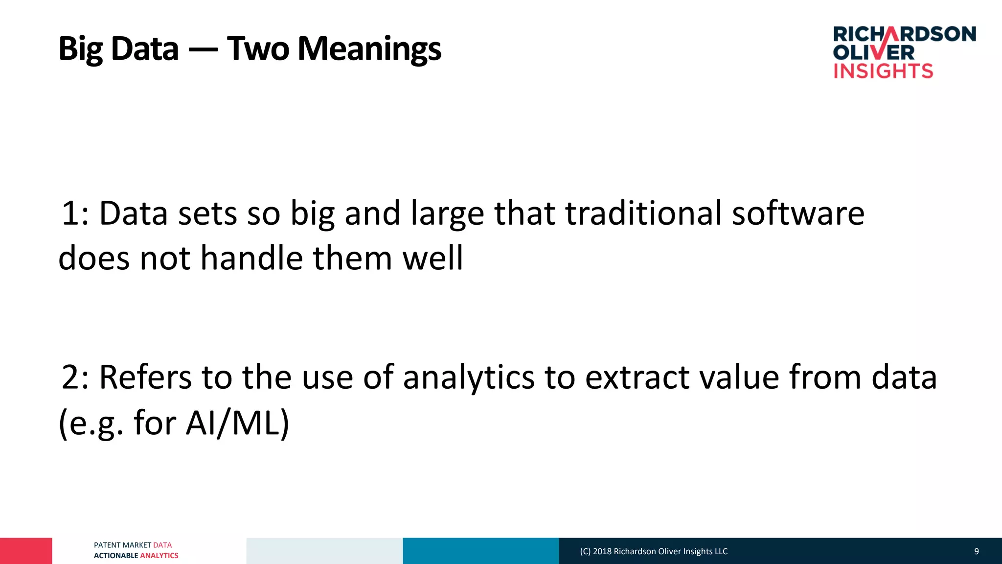PATENT MARKET DATA
ACTIONABLE ANALYTICS
Big Data — Two Meanings
°1: Data sets so big and large that traditional software
does not handle them well
°2: Refers to the use of analytics to extract value from data
(e.g. for AI/ML)
(C) 2018 Richardson Oliver Insights LLC 9
 
