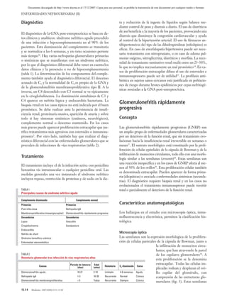 02 ACT80 (7-14).qxp           1/6/07        10:15       Página 5134




                  Documento descargado de http://www.doyma.es el 17/12/2007. Copia para uso personal, se prohíbe la transmisión de este documento por cualquier medio o formato.

          ENFERMEDADES NEFROURINARIAS (II)

          Diagnóstico                                                                                   ta y reducción de la ingesta de líquidos según balance me-
                                                                                                        diante control de peso y diuresis a diario. El uso de diuréticos
                                                                                                        de asa beneficia a la mayoría de los pacientes, provocando una
          El diagnóstico de la GNA post-estreptocócica se basa en da-
                                                                                                        diuresis que disminuye la congestión cardiovascular y ayuda
          tos clínicos y analíticos: síndrome nefrítico agudo precedido
                                                                                                        al control de la hipertensión arterial. El uso de fármacos an-
          de una infección e hipocomplementemia en el 90% de los
                                                                                                        tihipertensivos del tipo de las dihidropiridinas (nifedipino) es
          pacientes. Esta disminución del complemento es transitoria
                                                                                                        eficaz. En caso de encefalopatía hipertensiva puede ser nece-
          y se normaliza a las 6 semanas, y en raras ocasiones persiste
                                                                                                        sario tratamiento con nitroprusiato, o en caso de edema pul-
          más tiempo26. Hay varias nefropatías glomerulares primarias
                                                                                                        monar oxígeno, nitroglicerina, diuréticos y morfina. La nece-
          o sistémicas que se manifiestan con un síndrome nefrítico,
                                                                                                        sidad de tratamiento sustitutivo renal oscila entre un 25-30%,
          por lo que el diagnóstico diferencial debe tener en cuenta los
                                                                                                        lo que no implica necesariamente un mal pronóstico14. En ca-
          datos clínicos y la presencia o no de hipocomplementemia
                                                                                                        sos de proliferación extracapilar difusa el uso de esteroides e
          (tabla 1). La determinación de los componentes del comple-
                                                                                                        inmunosupresores puede ser de utilidad23. La profilaxis anti-
          mento también ayuda al diagnóstico diferencial. El descenso
                                                                                                        biótica en sujetos sanos cercanos está justificada en poblacio-
          acusado de C3 y la normalidad de C4 es propio de la GNA y
                                                                                                        nes de riesgo durante brotes epidémicos por cepas nefritogé-
          de la glomerulonefritis membranoproliferativa tipo II. A la
                                                                                                        nicas asociadas a la GNA post-estreptocócica.
          inversa, un C4 descendido con C3 normal se ve típicamente
          en la crioglobulinemia. La disminución simultánea de C3 y
          C4 aparece en nefritis lúpica y endocarditis bacteriana. La
          biopsia renal en los casos típicos no está indicada por el buen
                                                                                                        Glomerulonefritis rápidamente
          pronóstico. Se debe realizar ante la persistencia de insufi-                                  progresiva
          ciencia renal, proteinuria masiva, aparición de anuria y sobre
          todo si hay síntomas sistémicos (cutáneos, neurológicos),                                     Concepto
          complemento normal o descenso mantenido. En los casos
          más graves puede aparecer proliferación extracapilar que jus-                                 Las glomerulonefritis rápidamente progresivas (GNRP) son
          tifica tratamientos más agresivos con esteroides o inmunosu-                                  un amplio grupo de enfermedades glomerulares caracterizadas
          presores5. Por otro lado, también hay que realizar el diag-                                   por un deterioro de la función renal, que sin tratamiento evo-
          nóstico diferencial con las enfermedades glomerulares que se                                  lucionan hacia la insuficiencia renal irreversible en semanas o
          preceden de infecciones de vías respiratorias (tabla 2).                                      meses27. El sustrato morfológico está constituido por la proli-
                                                                                                        feración de células epiteliales de la cápsula de Bowman y de la
                                                                                                        infiltración de monocitos circulantes, todo ello con una morfo-
          Tratamiento                                                                                   logía similar a las semilunas (crescents)28. Estas semilunas son
                                                                                                        una reacción inespecífica y en los casos de GNRP afecta al me-
          El tratamiento incluye el de la infección activa con penicilina
                                                                                                        nos al 50% de los ovillos29. Esta proliferación celular también
          benzatina vía intramuscular o cualquier penicilina oral. Las
                                                                                                        es denominada extracapilar. Pueden aparecer de forma prima-
          medidas generales una vez instaurado el síndrome nefrítico
                                                                                                        ria (idiopáticas) o asociada a enfermedades sistémicas (secunda-
          incluyen reposo, restricción de proteínas y de sodio en la die-
                                                                                                        rias). El diagnóstico requiere biopsia renal y en los casos no
                                                                                                        evolucionados el tratamiento inmunosupresor puede revertir
          TABLA 1                                                                                       total o parcialmente el deterioro de la función renal.
          Principales causas de síndrome nefrítico agudo

          Complemento disminuido                                    Complemento normal
          Primarias                                    Primarias                                        Características anatomopatológicas
          Post-infecciosa                              Nefropatía IgA
          Membranoproliferativa (mesangiocapilar) Glomerulonefritis rápidamente progresiva              Los hallazgos en el estudio con microscopia óptica, inmu-
          Secundarias                                  Secundarias                                      nofluorescencia y electrónica, permiten la clasificación his-
          Lupus                                        Vasculitis                                       tológica.
          Crioglobulinemia                             Goodpasture
          Endocarditis
          Nefritis de shunt
                                                                                                        Microscopia óptica
          Síndrome hemolítico-urémico                                                                   Las semilunas son la expresión morfológica de la prolifera-
          Enfermedad ateroembólica                                                                      ción de células parietales de la cápsula de Bowman, junto a
                                                                                                                                  la infiltración de monocitos circu-
                                                                                                                                  lantes, que han atravesado la pared
          TABLA 2                                                                                                                 de los capilares glomerulares28. A
          Hematuria glomerular tras infección de vías respiratorias altas
                                                                                                                                  esta proliferación se la denomina
                                                           Período de latencia     Edad                                           extracapilar. Todas las células im-
                              Causas                                                       Hematuria    C3 disminuido Curso
                                                                 (días)           (años)                                          plicadas rodean y desplazan el ovi-
          Glomerulonefritis aguda                                    10-21        2-10     Limitada     4-8 semanas Agudo         llo capilar del glomérulo, con
          Nefropatía IgA                                             1-3          10-30    Recurrente   Normal        Crónico     compresión de las estructuras glo-
          Glomerulonefritis membranoproliferativa                    <5           Todas    Recurrente   Siempre       Crónico
                                                                                                                                  merulares (fig. 3). Estas semilunas

          5134        Medicine. 2007;9(80):5131-5138
 