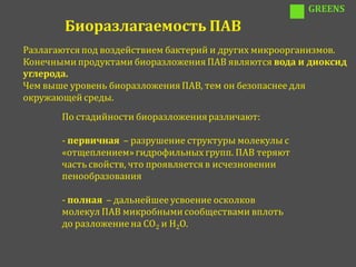 GREENS
        Биоразлагаемость ПАВ
Разлагаются под воздействием бактерий и других микроорганизмов.
Конечными продуктами биоразложения ПАВ являются вода и диоксид
углерода.
Чем выше уровень биоразложения ПАВ, тем он безопаснее для
окружающей среды.
       По стадийности биоразложения различают:

       - первичная – разрушение структуры молекулы с
       «отщеплением» гидрофильных групп. ПАВ теряют
       часть свойств, что проявляется в исчезновении
       пенообразования

       - полная – дальнейшее усвоение осколков
       молекул ПАВ микробными сообществами вплоть
       до разложение на СО2 и Н2О.
 