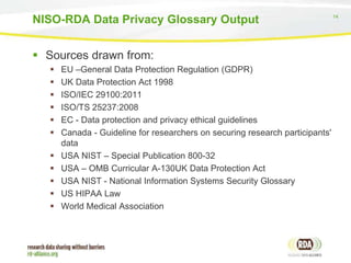 14
 Sources drawn from:
 EU –General Data Protection Regulation (GDPR)
 UK Data Protection Act 1998
 ISO/IEC 29100:2011
 ISO/TS 25237:2008
 EC - Data protection and privacy ethical guidelines
 Canada - Guideline for researchers on securing research participants'
data
 USA NIST – Special Publication 800-32
 USA – OMB Curricular A-130UK Data Protection Act
 USA NIST - National Information Systems Security Glossary
 US HIPAA Law
 World Medical Association
NISO-RDA Data Privacy Glossary Output
 