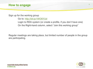 6
Sign up for the working group
Go to: http://bit.ly/1WO6YUd
Login to RDA system (or create a profile, if you don’t have one)
On the Right-hand column, select “Join this working group”
Regular meetings are taking place, but limited number of people in the group
are participating.
How to engage
 