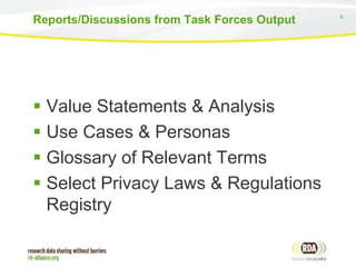 8
 Value Statements & Analysis
 Use Cases & Personas
 Glossary of Relevant Terms
 Select Privacy Laws & Regulations
Registry
Reports/Discussions from Task Forces Output
 