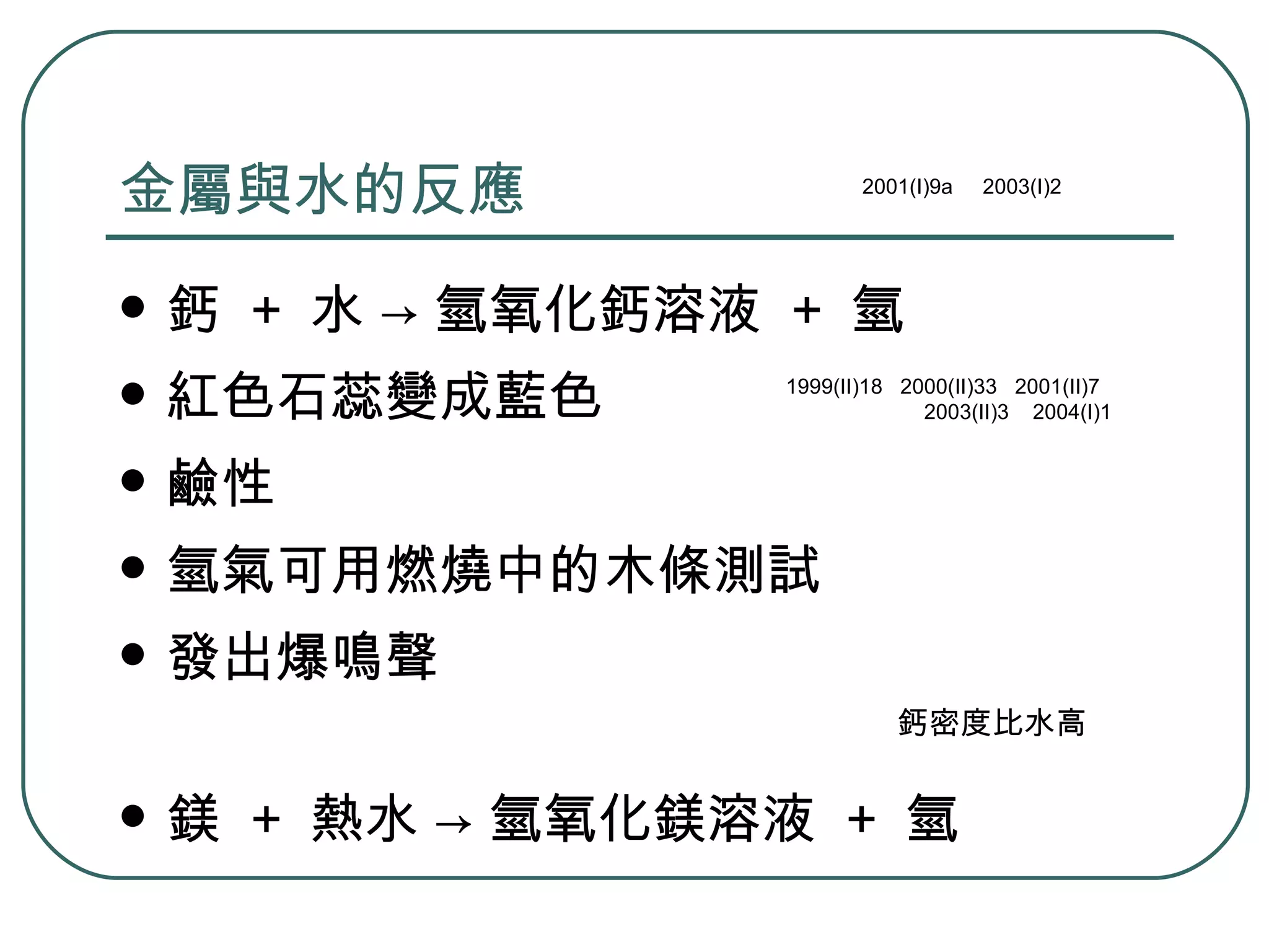 金屬與水的反應 鈣  +  水 -> 氫氧化鈣溶液  +  氫 紅色石蕊變成藍色 鹼性 氫氣可用燃燒中的木條測試 發出爆鳴聲 鎂  +  熱水 -> 氫氧化鎂溶液  +  氫 鈣密度比水高 1999(II)18  2000(II)33  2001(II)7  2003(II)3  2004(I)1 2001(I)9a  2003(I)2 
