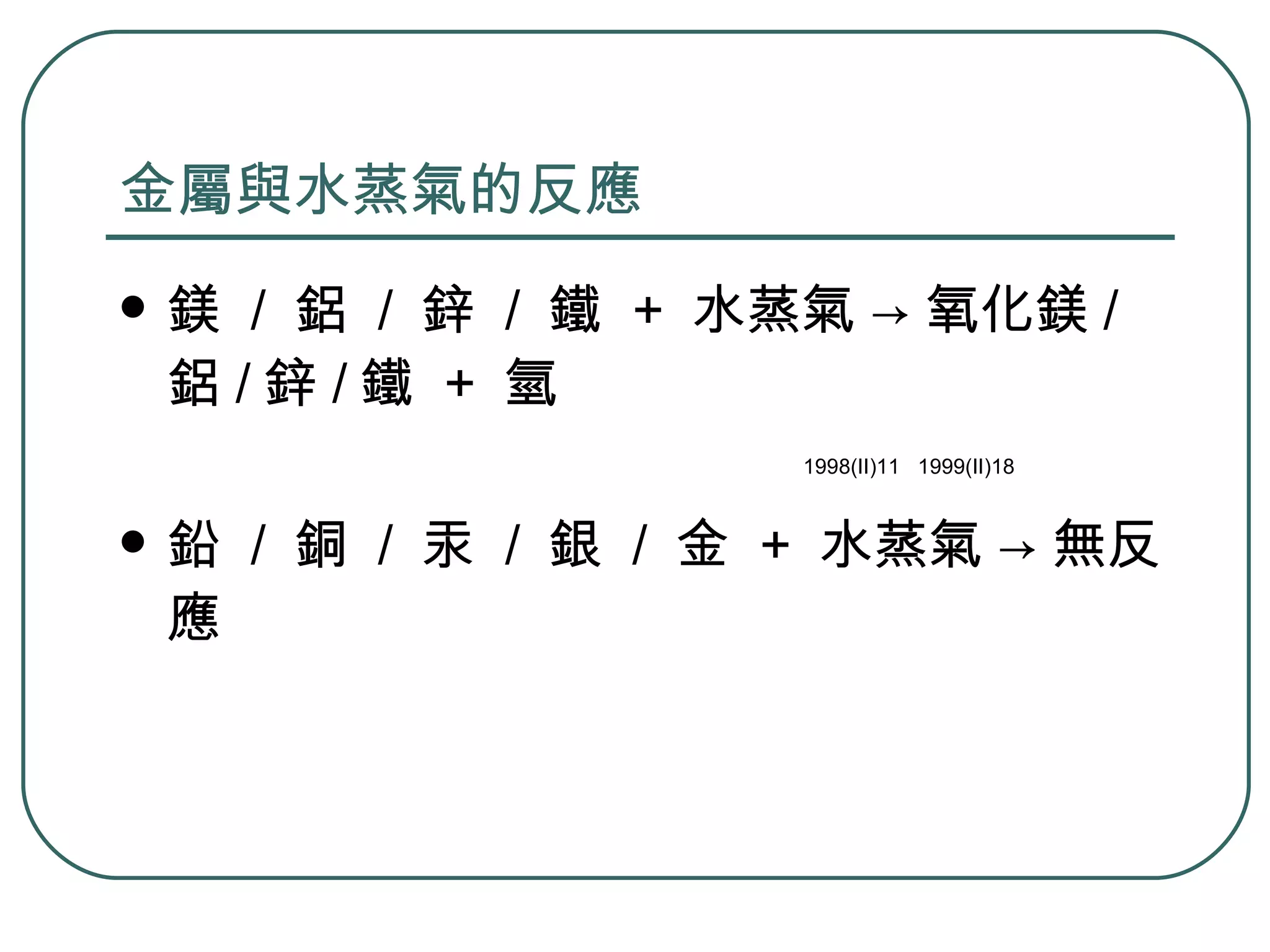 金屬與水蒸氣的反應 鎂  /  鋁  /  鋅  /  鐵  +  水蒸氣 -> 氧化鎂 / 鋁 / 鋅 / 鐵  +  氫 鉛  /  銅  /  汞  /  銀  /  金  +  水蒸氣 -> 無反應 1998(II)11  1999(II)18  