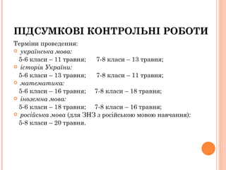 Терміни проведення: українська мова: 5-6 класи – 11 травня;  7-8 класи – 13 травня; історія України: 5-6 класи – 13 травня;  7-8 класи – 11 травня; математика: 5-6 класи – 16 травня;  7-8 класи – 18 травня; іноземна мова: 5-6 класи – 18 травня;  7-8 класи – 16 травня; російська мова  (для ЗНЗ з російською мовою навчання): 5-8 класи – 20 травня. П ІДСУМКОВІ КОНТРОЛЬНІ РОБОТИ 