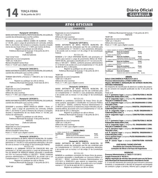 Portaria N.º 2573/2013.-
MARIAANTONIETADEBRITO,PREFEITAMUNICIPALDEGUARUJÁ,
usando das atribuições que a Lei lhe confere,
R E S O L V E :
DESIGNAR a servidora REBECA GOMES DE ALMEIDA – Pront.
n.º 18.185, para o cargo de provimento em comissão, símbolo
DAS-12, de Diretor I de Compras e Licitações, durante o impedi-
mento do seu titular (Pront. n.º 17.897), por motivo de férias.
Registre-se, publique-se e dê ciência.
Prefeitura Municipal de Guarujá, 14 de junho de 2013.
PREFEITA
Chefe de Gabinete
“Uae Comp”/mesr
Registrada no Livro Competente
“GAB”, em 14.06.2013
Mariana Elizabeth Santos Rosa
Pront. n.º 19.281 que a digitei e assino
Portaria N.º 2443/2013.-
MARIAANTONIETADEBRITO,PREFEITAMUNICIPALDEGUARUJÁ,
usando das atribuições que a Lei lhe confere;
R E S O L V E :
TORNAR SEM EFEITO a Portaria n.º 1389/2013, de 12 de março
de 2013.
Registre-se, publique-se e dê-se ciência.
Prefeitura Municipal de Guarujá, 10 de maio de 2013.
PREFEITA
“GAB”/dll
Registrada no Livro Competente
“GAB”, em 10.05.2013
Débora de Lima Lourenço
Pront. n.º 11.901, que a digitei e assino
Portaria N.º 2574/2013.-
MARIAANTONIETADEBRITO,PREFEITAMUNICIPALDEGUARUJÁ,
usando das atribuições que a Lei lhe confere,
R E S O L V E :
DESIGNAR a servidora MARIA ANGÉLICA XAVIER – Pront. n.º
14.491, para o cargo de provimento em comissão, símbolo
DAS-11, de Diretor II, junto à Diretoria de Compras e Licitações,
durante o impedimento do seu titular (Pront. n.º 18.185), por
motivo de substituição.
Registre-se, publique-se e dê ciência.
Prefeitura Municipal de Guarujá, 14 de junho de 2013.
PREFEITA
Chefe de Gabinete
“Uae Comp”/mesr
Registrada no Livro Competente
“GAB”, em 14.06.2013
Mariana Elizabeth Santos Rosa
Pront. n.º 19.281 que a digitei e assino
Portaria N.º 2576/2013.-
MARIA ANTONIETA DE BRITO, PREFEITA MUNICIPAL DE GUARU-
JÁ, usando das atribuições que lhe são conferidas pela Lei Com-
plementar n.º 135/2012 e suas posteriores alterações, e de acor-
do com os incisos I e II do artigo 37 da Constituição Federal,
R E S O L V E :
NOMEAR a Sr.ª BÁRBARA CECÍLIA DA CONCEIÇÃO REIS, sob
prontuário n.º 20.340, para exercer o cargo de provimento efe-
tivo de AGENTE DE SERVIÇOS GERAIS, aprovado e classificado
em 310.º no Concurso Público n.º 002/2011 - SESAU, conforme
processo administrativo n.º 39383/2013, de acordo com a Lei
Complementar n.º 135, de 04 de abril de 2012, e alterações.
Registre-se, publique-se e dê-se ciência.
Prefeitura Municipal de Guarujá, 17 de junho de 2013.
PREFEITA
“ADM”/dll
Registrada no Livro Competente
“GAB”, em 17.06.2013
Débora de Lima Lourenço
Pront. n.º 11.901, que a digitei e assino
Portaria N.º 2577/2013.-
MARIA ANTONIETA DE BRITO, PREFEITA MUNICIPAL DE
GUARUJÁ, usando das atribuições que lhe são conferidas pela
Lei Complementar n.º 135/2012 e suas posteriores alterações,
e de acordo com os incisos I e II do artigo 37 da Constituição
Federal,
R E S O L V E :
NOMEAR a Sr.ª LAILA STEPHANIA BILATO, sob prontuário n.º
20.333, para exercer o cargo de provimento efetivo de ASSIS-
TENTE SOCIAL, aprovado e classificado em 37.º no Concurso Pú-
blico n.º 001/2011 - SEDESC, conforme processo administrativo
n.º 2729/2013, de acordo com a Lei Complementar n.º 135, de 04
de abril de 2012, e alterações.
Registre-se, publique-se e dê-se ciência.
Prefeitura Municipal de Guarujá, 17 de junho de 2013.
PREFEITA
“ADM”/dll
Registrada no Livro Competente
“GAB”, em 17.06.2013
Débora de Lima Lourenço
Pront. n.º 11.901, que a digitei e assino
Portaria N.º 2578/2013.-
MARIA ANTONIETA DE BRITO, PREFEITA MUNICIPAL DE
GUARUJÁ, usando das atribuições que lhe são conferidas pela
Lei Complementar n.º 135/2012 e suas posteriores alterações,
e de acordo com os incisos I e II do artigo 37 da Constituição
Federal,
R E S O L V E :
NOMEAR os candidatos constantes do Anexo Único da pre-
sente portaria, aprovados e classificados no Concurso Público
n.º 001/2012 - SEDESC, conforme Processo Administrativo n.º
2738/2013, para exercer os respectivos cargos indicados, de pro-
vimento efetivo, de acordo com a Lei Complementar n.º 135, de
04 de abril de 2012, e alterações.
Registre-se, publique-se e dê-se ciência.
Prefeitura Municipal de Guarujá, 17 de junho de 2013.
PREFEITA
“ADM”/dll
Registrada no Livro Competente
“GAB”, em 17.06.2013
Débora de Lima Lourenço
Pront. n.º 11.901, que a digitei e assino
ANEXO ÚNICO
I – CARGO: AUXILIAR DE CUIDADOR SOCIAL
Classificação	 Nome do Candidato	 Pront.
32.º	 MIDIAN SILVA DO NASCIMENTO TEIXEIRA	 20.334
33.º	 MARIA INÊS SANTANA MIRANDA	 20.335
Portaria N.º 2579/2013.-
MARIA ANTONIETA DE BRITO, PREFEITA MUNICIPAL DE
GUARUJÁ, usando das atribuições que lhe são conferidas pela
Lei Complementar n.º 135/2012 e suas posteriores alterações,
e de acordo com os incisos I e II do artigo 37 da Constituição
Federal,
R E S O L V E :
NOMEAR os candidatos constantes do Anexo Único da presen-
te portaria, aprovados e classificados no Concurso Público n.º
001/2011 - SEDUC, conforme Processos Administrativos n.ºs
2731/2013 e 39383/2012, para exercer os respectivos cargos
indicados, de provimento efetivo, de acordo com a Lei Comple-
mentar n.º 135, de 04 de abril de 2012, e alterações.
Registre-se, publique-se e dê-se ciência.
Prefeitura Municipal de Guarujá, 17 de junho de 2013.
PREFEITA
“ADM”/dll
Registrada no Livro Competente
“GAB”, em 17.06.2013
Débora de Lima Lourenço
Pront. n.º 11.901, que a digitei e assino
ANEXO ÚNICO
I – CARGO: AGENTE DE SERVIÇOS DE ALIMENTAÇÃO
Classificação	 Nome do Candidato	 Pront.
196.º	 ALINE SILVA ARAÚJO	 20.338
II – CARGO: NUTRICIONISTA
Classificação	 Nome do Candidato	 Pront.
6.º	 FERNANDA FREITAS PECCHIORE	 2.0336
III – CARGO: PROFESSOR DE EDUCAÇÃO ESPECIAL EM DEFICIÊNCIA AUDITIVA
Classificação	 Nome do Candidato	 Pront.
4.º	 MARCELA SANTOS DE JESUS	 20.339
IV – CARGO: PSICODEGOGO
Classificação	 Nome do Candidato	 Pront.
6.º	 MÔNICA DE MELO RIGHI LOPES	 2.0337
V – CARGO: SECRETÁRIO ESCOLAR
Classificação	 Nome do Candidato	 Pront.
9.º	 VANESSA DOS SANTOS OLIVEIRA PIRES	 20.332
ERRATA
Edital: CONCORRÊNCIA PÚBLICA 01/2013
Processo Administrativo: 27569/125987/2012
Objeto: REFORMA E ADEQUAÇÃO DO ESTÁDIO MUNICIPAL
ANTONIO FERNANDES.
No Despacho de classificação da abertura e analise das propos-
tas do certame em epígrafe publicado no dia 15 de junho de
2013.
Onde se lê
a.1) 1º (primeiro) lugar a empresa CONSTRUTORA E INCOR-
PORADORA BEIRA MAR LTDA.;
a.2) 2º (segundo) lugar a empresa P.S. ENGENHARIA CONS-
TRUÇÃO E COMÉRCIO LTDA.;
a.3) 3º (segundo) lugar a empresa AN ENGENHARIA E CONS-
TRUÇÕES LTDA.;
a.4) 4º (segundo) lugar a empresa ENGETAL ENGENHARIA E
CONSTRUÇÕES LTDA.;
a.5) 5º (segundo) lugar a empresa PILÃO ENGENHARIA E
CONSTRUÇÕES LTDA.; e
a.6) 6º (segundo) lugar a empresa CONSTRUTORA HUDSON
LTDA.;
Leia-se:
a.1) 1º (primeiro) lugar a empresa CONSTRUTORA E INCOR-
PORADORA BEIRA MAR LTDA.;
a.2) 2º (segundo) lugar a empresa P.S. ENGENHARIA CONS-
TRUÇÃO E COMÉRCIO LTDA.;
a.3) 3º (terceiro) lugar a empresa AN ENGENHARIA E CONS-
TRUÇÕES LTDA.;
a.4) 4º (quarto) lugar a empresa ENGETAL ENGENHARIA E
CONSTRUÇÕES LTDA.;
a.5) 5º (quinto) lugar a empresa PILÃO ENGENHARIA E CONS-
TRUÇÕES LTDA.; e
a.6) 6º (sexto) lugar a empresa CONSTRUTORA HUDSON
LTDA.;
JOSÉ RAFAEL THOMÉ GÜNTHER
Presidente da Comissão Permanente de
Licitações de Obras e Serviços de Engenharia
DESPACHO
Processo Administrativo nº 7843/71137/2013
Pregão Presencial nº 40/2013
Objeto: Aquisição de veículos tipo passeio para uso da Secre-
taria Municipal de Desenvolvimento e Assistência Social.
I – A vista dos elementos de convicção que instruem o processo
licitatório, e considerando a decisão do pregoeiro encarregado
de conduzir e julgar o certame, informo que o pregão em epí-
gabinete
Atos oficiais
terça-feira
18 de junho de 2013
14 GUARUJÁ
Diário Oficial
 