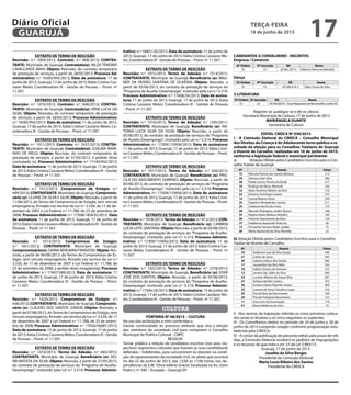 EXTRATO DE TERMO DE RESCISÃO
Rescisão: n.º 1009/2013; Contrato: n.º 868/2013; CONTRA-
TANTE: Município de Guarujá; Contratado(a): NILZA TENÓRIO
CAVALCANTE MAIA; Objeto: Rescisão, do contrato temporário
de prestação de serviços, a partir de 28/05/2013; Processo Ad-
ministrativo: n.º 16585/942/2013; Data de assinatura: 11 de
junho de 2013, Guarujá, 17 de junho de 2013; Kátia Cristina Cas-
siano Meles; Coordenadora III - Gestão de Pessoas – Pront. nº
11.507.
EXTRATO DE TERMO DE RESCISÃO
Rescisão: n.º 1010/2013; Contrato: n.º 848/2013; CONTRA-
TANTE: Município de Guarujá; Contratado(a): VERA LUCIA DA
SILVA; Objeto: Rescisão, do contrato temporário de prestação
de serviços, a partir de 28/05/2013; Processo Administrativo:
n.º 16585/942/2013; Data de assinatura: 11 de junho de 2013,
Guarujá, 17 de junho de 2013; Kátia Cristina Cassiano Meles; Co-
ordenadora III - Gestão de Pessoas – Pront. nº 11.507.
EXTRATO DE TERMO DE RESCISÃO
Rescisão: n.º 1011/2013; Contrato: n.º 1637/2013; CONTRA-
TANTE: Município de Guarujá; Contratado(a): DJALMA MARI-
NHO DE MELO; Objeto: Rescisão, do contrato temporário de
prestação de serviços, a partir de 31/05/2013, à pedido do(a)
contratado (a); Processo Administrativo: n.º 17140/942/2013;
Data de assinatura: 11 de junho de 2013, Guarujá, 17 de junho
de 2013; Kátia Cristina Cassiano Meles; Coordenadora III - Gestão
de Pessoas – Pront. nº 11.507.
EXTRATO DE TERMO DE RESCISÃO
Rescisão: n.º 1012/2013; Compromisso de Estágio: n.º
699/2013; CONTRATANTE: Município de Guarujá; Compromis-
sário (a): LILIANE DA SILVA E SILVA; Objeto: Rescisão, a partir de
11/06/2013, do Termo de Compromisso de Estágio, sem vínculo
empregatício, firmado nos termos da Lei n.º 3.539, de 17 de de-
zembro de 2007 e Lei Federal n.º 11.788, de 25 de setembro de
2008; Processo Administrativo: n.º 17308/185835/2013; Data
de assinatura: 11 de junho de 2013, Guarujá, 17 de junho de
2013; Kátia Cristina Cassiano Meles; Coordenadora III - Gestão de
Pessoas – Pront. nº 11.507.
EXTRATO DE TERMO DE RESCISÃO
Rescisão: n.º 1013/2013; Compromisso de Estágio:
n.º 1651/2012; CONTRATANTE: Município de Guarujá;
Compromissário(a): DAINA BERGMAN FRANZON; Objeto: Res-
cisão, a partir de 04/06/2013, do Termo de Compromisso de Es-
tágio, sem vínculo empregatício, firmado nos termos da Lei n.º
3.539, de 17 de dezembro de 2007 e Lei Federal n.º 11.788, de
25 de setembro de 2008, a pedido do(a) estagiário(a); Processo
Administrativo: n.º 17407/589/2013; Data de assinatura: 11
de junho de 2013, Guarujá, 17 de junho de 2013; Kátia Cristina
Cassiano Meles; Coordenadora III - Gestão de Pessoas – Pront.
nº 11.507.
EXTRATO DE TERMO DE RESCISÃO
Rescisão: n.º 1020/2013; Compromisso de Estágio: n.º
636/2012; CONTRATANTE: Município de Guarujá; Compromis-
sário (a): CLAUDIO DOS SANTOS JUNIOR; Objeto: Rescisão, a
partir de 07/06/2013, doTermo de Compromisso de Estágio, sem
vínculo empregatício, firmado nos termos da Lei n.º 3.539, de 17
de dezembro de 2007 e Lei Federal n.º 11.788, de 25 de setem-
bro de 2008; Processo Administrativo: n.º 17656/56681/2013;
Data de assinatura: 13 de junho de 2013, Guarujá, 17 de junho
de 2013; Kátia Cristina Cassiano Meles; Coordenadora III - Gestão
de Pessoas – Pront. nº 11.507.
EXTRATO DE TERMO DE RESCISÃO
Rescisão: n.º 1014/2013; Termo de Adesão: n.º 665/2013;
CONTRATANTE: Município de Guarujá; Beneficiário (a): SID-
NEI BATISTA DA SILVA; Objeto: Rescisão, a partir de 27/05/2013,
do contrato de prestação de serviços do “Programa de Auxílio-
Desemprego”, instituído pela Lei n.º 3.314; Processo Adminis-
trativo: n.º 16851/26/2013; Data de assinatura: 11 de junho de
2013; Guarujá, 17 de junho de 2013; Kátia Cristina Cassiano Me-
les; Coordenadora III - Gestão de Pessoas – Pront. nº 11.507.
EXTRATO DE TERMO DE RESCISÃO
Rescisão: n.º 1015/2013; Termo de Adesão: n.º 1514/2011;
CONTRATANTE: Município de Guarujá; Beneficiário (a): WAG-
NER DA PAIXÃO SANTANA DE OLIVEIRA; Objeto: Rescisão, a
partir de 05/06/2013, do contrato de prestação de serviços do
“Programa de Auxílio-Desemprego”, instituído pela Lei n.º 3.314;
Processo Administrativo: n.º 17408/26/2013; Data de assina-
tura: 11 de junho de 2013; Guarujá, 17 de junho de 2013; Kátia
Cristina Cassiano Meles; Coordenadora III - Gestão de Pessoas
– Pront. nº 11.507.
EXTRATO DE TERMO DE RESCISÃO
Rescisão: n.º 1016/2013; Termo de Adesão: n.º 1595/2011;
CONTRATANTE: Município de Guarujá; Beneficiário (a): AN-
TONIA LUCIA SILVA DA SILVA; Objeto: Rescisão, a partir de
05/06/2013, do contrato de prestação de serviços do“Programa
de Auxílio-Desemprego”, instituído pela Lei n.º 3.314; Processo
Administrativo: n.º 17309/110956/2013; Data de assinatura:
11 de junho de 2013; Guarujá, 17 de junho de 2013; Kátia Cristi-
na Cassiano Meles; Coordenadora III - Gestão de Pessoas – Pront.
nº 11.507.
EXTRATO DE TERMO DE RESCISÃO
Rescisão: n.º 1017/2013; Termo de Adesão: n.º 436/2013;
CONTRATANTE: Município de Guarujá; Beneficiário (a): PRIS-
CILA DO NASCIMENTO SAMPAIO; Objeto: Rescisão, a partir de
05/06/2013, do contrato de prestação de serviços do“Programa
de Auxílio-Desemprego”, instituído pela Lei n.º 3.314; Processo
Administrativo: n.º 17309/110956/2013; Data de assinatura:
11 de junho de 2013; Guarujá, 17 de junho de 2013; Kátia Cristi-
na Cassiano Meles; Coordenadora III - Gestão de Pessoas – Pront.
nº 11.507.
EXTRATO DE TERMO DE RESCISÃO
Rescisão: n.º 1018/2013; Termo de Adesão: n.º 412/2013; CON-
TRATANTE: Município de Guarujá; Beneficiário (a): CARMEN
LUCIA LEITE SANTANA; Objeto: Rescisão, a partir de 05/06/2013,
do contrato de prestação de serviços do “Programa de Auxílio-
Desemprego”, instituído pela Lei n.º 3.314; Processo Adminis-
trativo: n.º 17309/110956/2013; Data de assinatura: 11 de
junho de 2013; Guarujá, 17 de junho de 2013; Kátia Cristina Cas-
siano Meles; Coordenadora III - Gestão de Pessoas – Pront. nº
11.507.
EXTRATO DE TERMO DE RESCISÃO
Rescisão: n.º 1022/2013; Termo de Adesão: n.º 2278/2012;
CONTRATANTE: Município de Guarujá; Beneficiário (a): ÉDER
JOSÉ DOS SANTOS; Objeto: Rescisão, a partir de 05/06/2013,
do contrato de prestação de serviços do “Programa de Auxílio-
Desemprego”, instituído pela Lei n.º 3.314; Processo Adminis-
trativo: n.º 17506/26/2013; Data de assinatura: 13 de junho de
2013; Guarujá, 17 de junho de 2013; Kátia Cristina Cassiano Me-
les; Coordenadora III - Gestão de Pessoas – Pront. nº 11.507.
cultura
PORTARIA Nº 06/2013 – CULTURA
No uso das atribuições a mim conferidas e,
Dando continuidade ao processo eleitoral, que visa a eleição
dos membros da sociedade civil para comporem o Conselho
Municipal de Política Cultural - CMPC
RESOLVE:
Tornar público a relação de candidatos inscritos (nos seus res-
pectivos segmentos culturais) que tiveram as suas candidaturas
deferidas / indeferidas, para concorrerem às eleições na condi-
ção de representantes da sociedade civil, no pleito que ocorrerá
no dia 22 de junho de 2013, das 12:00 às 17:00 horas, nas de-
pendências da E.M.“Dirce Valério Gracia”, localizada na Av.: Dom
Pedro I, nº 340 – Enseada – Guarujá/SP:
CANDIDATOS A CONSELHEIRO - INSCRITOS
Empresa / Comércio
Nº Ordem Nº Inscrição RG Nome
01 01 20.462.207-4 Gilberto Vieira (Indeferido)
Dança
Nº Ordem Nº Inscrição RG Nome
01 01 49.208.414-2 Sales Souza da Silva
5-LITERATURA
Nº Ordem Nº Inscrição RG Nome
01 22 18.436.820-0 Inara Mazzucato deVasconcellos Corrêa Gil
Registre-se, publique-se e dê-se ciência
Secretaria Municipal de Cultura, 17 de junho de 2013
MARIÂNGELA DUARTE
Secretária de Cultura
EDITAL CMDCA Nº 036/2013
I - A Comissão Eleitoral do CMDCA – Conselho Municipal
dos Direitos da Criança e do Adolescente torna publico o re-
sultado da eleição para os Conselhos Tutelares de Guarujá
e Vicente de Carvalho, realizadas em 16 de junho de 2013,
conforme a legislação federal e municipal pertinente:
Votação Obtida pelos Candidatos Inscritos para o Con-a)	
selho Tutelar de Guarujá:
Nº Nomes Votos
15 Marcela Pereira dos Santos Bárbara 513
24 Gilmara João Silva 496
38 Railda Santos Pereira Andrade 417
16 Rodrigo de Abreu Merendi 356
32 Katia Anselmo Ribeiro da Silva 316
34 Edvanio Domingos Soares 275
14 Lenival Batista Farias 249
22 Daphine Almeida dos Santos 211
25 Andressa Rocha da Costa 170
28 Marcelo Rodrigues Jardim Ramos 168
35 Regina Estela Barbosa Botelho 164
39 Antonio Nascimento da Silva 134
37 Adalberto Aparecido Pedrunti 90
13 Fernanda Trevisan Klafar Jordão 75
26 Maria Aparecida da Silva Almeida 22
b) Votação Obtida pelos Candidatos Inscritos para o Conselho
Tutelar de Vicente de Carvalho:
Nº Nomes Votos
19 Anderson Luiz da Silva Souza 598
21 Carlito de Jesus 593
30 Valtene Izidoro dos Santos 586
17 Jacqueline dos Reis Melo 554
10 Valéria Gomes de Santana 533
12 Janaina Ap. Salles da Silva 440
33 Luciano Alberto de Souza Silva 387
27 Adriana Bonfim Santos 372
36 Andrea Clarice Macedo Santos 309
23 Luciana de Jesus Claudino Lopes 216
29 Priscila Reis do Nascimento 169
20 Priscila Prestjord Nascimento 122
11 Ana Lima da Encarnação 119
31 Maria Valdenira da Silva 19
II - Nos termos da legislação referida os cinco primeiros coloca-
dos serão os titulares e os cinco seguintes os suplentes.
III - Os Conselheiros eleitos no período de 24 de junho a 28 de
junho de 2013 cumprirão estagio conforme programação esta-
belecida pelo CMDCA.
IV - A contar da publicação do presente edital, pelo prazo de três
dias, a Comissão Eleitoral receberá os pedidos de impugnações
e os recursos de que trata o art. 57 da Lei 3.983/13.
Guarujá, 17 de junho de 2013.
Joselito da Silva Borges
Presidente da Comissão Eleitoral
Maria Lucia Ribeiro dos Santos
Presidente do CMDCA
terça-feira
18 de junho de 2013
17GUARUJÁ
Diário Oficial
 