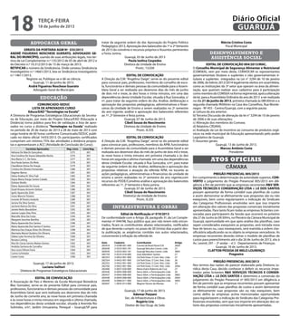 advocacia geral
ERRATA DA PORTARIA AGM Nº ­­­­335/2013
ANDRÉ FIGUEIRAS NOSCHESE GUERATO, ADVOGADO GE-
RAL DO MUNICÍPIO, usando de suas atribuições legais, nos ter-
mos da Lei Complementar n.º 135/2012 de 05 de abril de 2012 e
do Decreto n.º 10.312/2013 de 15 de março de 2013.
RETIFICAR o número da Sindicância. Onde constou Sindicância
Investigatório n.º 14661/2013, leia-se Sindicância Investigatório
n.º 14611/2013.
Registre-se, Publique-se e dê-se ciência.
Guarujá, 11 de junho de 2013.
André Figueiras Noschese Guerato
Advogado Geral do Município
educação
COMUNICADO-SEDUC
LISTA DE APROVADOS CURSO
Educa/EAD“Tecnologias na Escola”
A Diretoria de Programas Estratégicos Educacionais da Secreta-
ria de Educação, por meio do Projeto Educa/EAD (Educação a
Distância) torna público para fins de validação a lista de apro-
vados no curso a distância “Tecnologias na Escola” realizado
no período de 20 de março de 2013 a 28 de maio de 2013 com
carga horária de 60 horas conforme Comunicado/SEDUC publi-
cado no diário oficial 14/03/2013. Os participantes certificados
cumpriram um mínimo 75% das atividades a distância propos-
tas e apresentaram a ACC (Atividade de Conclusão de Curso).
Cursistas Aprovados Reg. Livro Livro Reg.
Adriana De Marchi Gonçalves 1275 001
Ana Carolina De Souza Sebastião Rocha 1276 001
Ana Maria S. C. De Faria. 1277 001
Ana Paula Santos De Melo 1278 001
Claudilene Gloria De Araujo 1279 001
Cristina De Oliveira Fernandes 1280 001
Dagmar Barros 1281 001
Dalva Andrea N. Silva Fujii 1282 001
Dayse Maria Araujo Santos Calado 1283 001
Dolister Birello 1284 001
Eliane Aparecida De Souza 1285 001
Giseli Viviane Amorim Stefani 1286 001
Ignês Aparecida Zolin 1287 001
Ivone Mancio Teixeira 1288 001
Ivonete M Pereira Anderle 1289 001
Jaciara Da Silva Santos 1290 001
Jacirene Ramos Da Silva 1291 001
Janete Netto Bassalobre 1292 001
Jeanne Lopes Dias Pires 1293 001
Marcelle Silva Da Costa 1294 001
Margaret Sanches Bonilha 1295 001
Maria Aparecida Dos Santos 1296 001
Maria Aparecida Dos Santos E Santos 1297 001
Mariana Das Graças Alves De Oliveira 1298 001
Maristela Maciel Quitério De Oliveira 1299 001
Odete Leão Ferreira De Oliveira 1300 001
Renata Cotting 1301 001
Rita De Cássia Santos Matias Gomes 1302 001
Andréia Santana de Carvalho 1303 001
Ana Lúcia Othoni Faria 1304 001
Carine Schnitzler 1305 001
Lisete Costa 1306 001
Guarujá, 17 de junho de 2013.
Luciana Salituri
Diretora de Programas Estratégicos Educacionais
EDITAL DE CONVOCAÇÃO
A Associação de Pais e Mestres da Escola Municipal Benedicta
Blac Gonzalez, serve-se do presente Edital para convocar pais,
professores, funcionários e demais pessoas da comunidade para
Assembleia Geral, que será realizada aos dezenove dias do mês
de Junho do corrente ano, às nove horas em primeira chamada
e às nove horas e trinta minutos em segunda e última chamada,
nas dependências desta unidade escolar, situada à Avenida Rio
Solimões, s/nº, Jardim Umuarama, Perequê – Guarujá/SP para
tratar da seguinte ordem do dia: Aprovação do Projeto Político
Pedagógico 2013, Aprovação dos balancetes do 1º e 2º bimestre
de 2013 do convênio e recursos próprios e Assuntos pertinentes
a Festa Junina.
Guarujá, 03 de Junho de 2013
Paula Izolina Cespedes
Diretora da Unidade de Ensino
Pront.: 13.030
EDITAL DE CONVOCAÇÃO
A Direção da E.M. “Angelina Daige”, serve-se do presente edital
para convocar pais, professores, membros do conselho de esco-
la, funcionários e demais pessoas da comunidade para a Assem-
bleia Geral a ser realizada aos dezenove dias do mês de junho
de dois mil e treze, às dez horas e trinta minutos, em uma das
dependências desta Unidade Escolar, situada à Rua Sorocaba, s/
nº, para tratar da seguinte ordem do dia: Análise, deliberação e
aprovação das propostas pedagógicas, administrativas e finan-
ceiras da Unidade de Ensino a serem realizadas no 2º semestre
do ano vigente; análise e aprovação dos balancetes referentes
ao 1º, 2º bimestre e festa junina.
Guarujá, 07 de Junho de 2013.
Cibeli Souza do Nascimento
Diretora da Unidade de Ensino
Pront.: 8.335
EDITAL DE CONVOCAÇÃO
A Direção da E.M. “Angelina Daige”, serve-se do presente edital
para convocar pais, professores, membros da APM, funcionários
e demais pessoas da comunidade para a Assembleia Geral a ser
realizada aos dezenove dias do mês de junho de dois mil e treze,
às nove horas e trinta minutos em primeira chamada e às dez
horas em segunda e ultima chamada em uma das dependências
desta Unidade Escolar, situada à Rua Sorocaba, s/nº, para tratar
da seguinte ordem do dia: Análise, deliberação e aprovação das
propostas relativas a atuação da referida APM, no tocante as
ações pedagógicas, administrativas e financeiras da unidade de
ensino a serem realizadas no 2º semestre do ano vigente;com
recursos do PDDE/Convênio análise e aprovação dos balancetes
referentes ao 1º, 2º bimestre e festa junina.
Guarujá, 07 de Junho de 2013.
Cibeli Souza do Nascimento
Diretor(a) da Unidade de Ensino
Pront.: 8.335
infraestrutura e obras
Edital de Notificação nº 019/2013
De conformidade com o Artigo 28, parágrafo 3º, da Lei Comple-
mentar nº 044/98, faço público que, por não terem sido encon-
trados, ficam os contribuintes abaixo relacionados, notificados
de que deverão cumprir, no prazo de 30 (trinta) dias a partir des-
ta publicação, as exigências contidas nos autos relacionados,
concernente à infração da referida lei.
Auto	 Cadastro	 Contribuinte	 Artigo
283418	 3-0398-001-000	 Comercial Brasil Rural S/A	 26§4
282638	 2-0223-002-181	 Guarujá Veículos Constr. Ltda	 27
282639	 2-0223-002-181	 Guarujá Veículos Constr. Ltda	 38§5
285159	 3-0225-018-000	 José Adenilton Santos	 27
282353	 3-0452-001-000	 Lik Park Estac. E Com. Veic. Ltda	 27
282354	 3-0452-001-000	 Lik Park Estac. E Com. Veic. Ltda	 26
282355	 3-0452-001-000	 Lik Park Estac. E Com. Veic. Ltda	 38
282356	 3-0452-001-000	 Lik Park Estac. E Com. Veic. Ltda	 26§4
282400	 3-0027-020-000	 Maria Dulce Roberta da Cruz	 27
283436	 0-0043-008-000	 Steco Adm. e Participações Ltda	 26
283437	 0-0043-008-000	 Steco Adm. e Participações Ltda	 38§5	
283438	 0-0043-008-000	 Steco Adm. e Participações Ltda	 26§4
283440	 0-0060-011-000	 Steco Adm. e Participações Ltda	 38§5
282647	 1-0035-013-000	 Wagner Nunes de Moraes	 17
Guarujá, 17 de junho de 2013.
Ademar Pozzani
Sec. de Infraestrutura e Obras
Rogério Lira
Diretor de Uso Ocup. do Solo
Márcia Cristina Costa
Fiscal Municipal
desenvolvimento e
assistência social
EDITAL DE CONVOCAÇÃO 004/2013/MAC.
O Conselho Municipal de Segurança Alimentar e Nutricional
(COMSEA), vem por meio deste, CONVOCAR os representantes
governamentais titulares e suplentes e não governamentais ti-
tulares e suplentes integrados na Lei n° 3294 de 10 de janeiro
de 2006, do biênio 2012/2014 legalmente eleitos em assembleia,
como as instituições do 3º setor que operam na área da alimen-
tação, que queiram realizar seus cadastros para á participação
comomembrodoCOMSEAnaformaregimental,apósaalteração
da lei, para a Assembleia Ordinária do ano de 2013 a ser realizada
no dia 21 de junho de 2013, primeira chamada às 08h30min e a
segunda chamada 9h00min na Casa dos Conselhos, Rua Monte-
negro - Nº 455 - Centro/Guarujá, com a seguinte pauta:
a) Leitura da ata anterior;
b) Terceira Discussão de alteração da lei n° 3294 de 10 de janeiro
de 2006 e de suas alterações;
c) Alteração dos membros do Comsea;
d) Relatório CRSANS;
e) Avaliação da Lei de incentivo ao consumo de produtos orgâ-
nicos na rede municipal de Educação apresentando pelo poder
Legislativo de Guarujá;
f) Assuntos gerais:
Guarujá, 13 de Junho de 2013.
Marcos Antônio Costa
Presidente
câmara
Atos oficiais
PREGÃO PRESENCIAL 005/2013
Em cumprimento à determinação da autoridade superior, CON-
VERTO o julgamento do Pregão Presencial 005/2013 em dili-
gência a fim de permitir que as empresas recorrentes R&V SER-
VIÇOS TÉCNICOS E CONSERVAÇÃO LTDA e J.E DOS SANTOS
possam apresentar de forma contábil suas planilhas de custos
e assim demonstrar se efetivamente suas propostas são ou não
exequíveis, bem como regularizarem a indicação do Sindicato
das Categorias Profissionais envolvidas sem que isso importe
em alteração dos valores das propostas comerciais inicialmente
apresentadas. Para tanto ficam todas as empresas licitantes con-
vocadas para participarem da Sessão que ocorrerá no próximo
dia 27 de Junho às 09:30Hrs, no Plenário da Câmara Municipal de
Guarujá, oportunidade em que após análise das planilhas, caso
sejam considerados exequíveis as propostas, será iniciada nova
fase de lances ou, caso inexequíveis, será mantida a ordem clas-
sificatória adjudicando-se os objeto às empresas vencedoras. As
empresas recorrentes deverão retirar o modelo de planilhas de
custos para preenchimento até o dia 26 de Junho de 2013, sito à
Av. Leomil, 291 – 2º andar – sl 2 - Departamento de Finanças.
Guarujá, 18 de Junho de 2013.
CLAYTON PESSOA DE MELO LOURENÇO
Pregoeiro
PREGÃO PRESENCIAL 005/2013
Nos termos das razões do parecer elaborado pela Diretoria Ju-
rídica desta Casa, decido conhecer e deferir os recursos impe-
trados pelas licitantes R&V SERVIÇOS TÉCNICOS E CONSER-
VAÇÃO LTDA e J.E DOS SANTOS e determino a conversão do
julgamento do Pregão Presencial nº 005/2013 em diligência a
fim de permitir que as empresas recorrentes possam apresentar
de forma contábil suas planilhas de custos e assim demonstrar
se efetivamente suas propostas são ou não exequíveis, bem
como defiro às empresas acima mencionadas oportunidade
para regularizarem a indicação do Sindicato das Categorias Pro-
fissionais envolvidas, sem que isso importe em alteração dos va-
lores das propostas comerciais inicialmente apresentadas.
terça-feira
18 de junho de 2013
18 GUARUJÁ
Diário Oficial
 