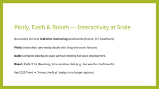 Plotly, Dash & Bokeh — Interactivity at Scale
Businesses demand real-time monitoring dashboards (finance, IoT, healthcare).
Plotly: Interactive, web-ready visuals with drag-and-zoom features.
Dash: Complete dashboard apps without needing full-stack development.
Bokeh: Perfect for streaming, time-sensitive data (e.g., live weather dashboards).
Key 2025 Trend "Interactive-first" design is no longer optional.
→
 