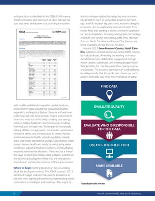 4	 SMART COMMUNITIES AND DATA ANALYTICS
such practices as identified in the 2016 ICMA survey.
Smart community practices such as open data portals
spur economic development by providing companies
with readily available demographic, spatial, land use,
and economic data available for evaluating location,
expansion, and logistical factors. Sensors and real-time
traffic tracking help move people, freight, and products
faster and more cost-effectively, creating cost savings,
reduced carbon footprints, and cost savings resulting
from reduced driving times. Technology is increasingly
helping utilities manage water, storm water, wastewater,
treatment plants, and infrastructure to protect human
and environmental health, provide regulatory compli-
ance, and realize operational savings. Data analysis helps
protect human health and safety by anticipating water
conditions, adjusting treatment options, and developing
response scenarios for disasters. These are but a few of
the ways in which technology, data analytics, and the IoT
are advancing local governments into the next genera-
tion of smart community practices for local government.
Where to Begin: Getting started can be a stumbling
block for local governments. The ICMA survey in 2016
identified budget and internal capacity limitations as
the two most significant barriers to implementing smart
community technologies and practices. This might be
due to a misperception that adopting smart commu-
nity practices, such as using data analytics, technol-
ogy, and IoT, requires big purchases, expertise, lengthy
processes, and overwhelming amounts of data. This
report finds that starting a smart community approach
can be accomplished by using existing data, technology,
and staff, and can be executed quickly. New Hanover
County, North Carolina and Kansas City, Kansas, are
living examples of how this can be done.
In early 2017, New Hanover County, North Caro-
lina, adopted a revised special use permit (SUP) process
for industrial uses. Amending the existing ordinance
included extensive stakeholder engagement through
which citizens, businesses, and interest groups voiced
their priorities for how they want their county to grow
and operate. The county’s planning staff and leadership
heard repeatedly that the public and businesses need
a more accessible way to be informed about develop-
Page 1 of 10
2016 Smart Cities Survey
Summary Report of Survey Results
Introduction
In 2016, the International City/County Management Association (ICMA) conducted a survey in partnership with the Smart Cities Council to
learn more about the priorities and activities of U.S. local governments related to smart-city technologies. The Smart Cities Council defines
smart cities as communities that use information and communication technology to enhance livability, workability, and sustainability. The
results of this survey provide insight into the current use of smart city technologies in the U.S., as well as key motivators and barriers to the
adoption of these solutions.
Methodology
The survey was sent on paper via postal mail to the chief administrative officers of 3,423 U.S. local governments with populations of
25,000 or greater. An online submission option was also made available to survey recipients. Responses were received from 493 of the
governments surveyed, yielding a response rate of 14.4%. Cities were overrepresented among respondents while counties were
underrepresented. Further, jurisdictions in the western region of the U.S. were overrepresented, while jurisdictions from the northeastern
region were underrepresented. The following report reflects trends among the unweighted survey responses, and should only be
considered to be representative of the responding governments. Weighting should be applied to achieve representation of the broader
survey population.
Jurisdictions
surveyed
Jurisdictions
responding
Response
rate
Overall 3,423 493 14.4%
Type
Municipalities 1,893 358 18.9%
Counties 1,530 135 8.8%
Population cohort
Over 1,000,000 42 9 21.4%
500,000 - 1,000,000 98 14 14.3%
250,000 - 499,999 168 27 16.1%
100,000 - 249,999 532 101 19.0%
50,000 - 99,999 939 136 14.5%
25,000 - 49,999 1,644 206 12.5%
Geographic division
New England 183 19 10.4%
Mid-Atlantic 391 28 7.2%
East North-Central 782 95 12.1%
West North-Central 266 37 13.9%
South Atlantic 541 110 20.3%
East South-Central 253 20 7.9%
West South-Central 354 45 12.7%
Mountain 220 42 19.1%
Pacific Coast 433 97 22.4%
Geographic region
Northeast 574 47 8.2%
North-Central 1,048 132 12.6%
South 1,148 175 15.2%
West 653 139 21.3%
FIND DATA
EVALUATE QUALITY
EVALUATE WHO IS RESPONSIBLE
FOR THE DATA
USE OFF-THE-SHELF TECH
MAKE AVAILABLE
Typical open data process
 