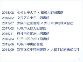 2018/08 相模女子大学 × 相模大野図書館
2018/02 文京区立小石川図書館
2017/07 大阪市立図書館 × 大日本印刷株式会社
2017/03 札幌市えほん図書館
2016/11 藤枝市立岡出山図書館
2016/04 江戸川区立松江図書館
2015/06 札幌市中央図書館
2014/09 新宿区立中町図書館 × 大日本印刷株式会社
22
 