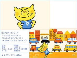 Ⓒ NHK
NHK Eテレ「てれび絵本」
語り 鈴木福
音楽 竹田えり
アニメーション 坂本サク、森川美幸
作・絵 朝倉民枝
ピッケとがーこ シリーズ
「こんなとき どんなかお？」
「こんなとき ないいていう？ 」
「おでかけしよう がーこをさがしに」
65
 