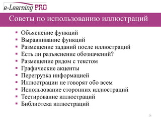 Советы по использованию иллюстраций  Объяснение функций  Выравнивание функций  Размещение заданий после иллюстраций  Есть ли разъяснение обозначений?  Размещение рядом с текстом  Графические акценты  Перегрузка информацией  Иллюстрации не говорят обо всем Использование сторонних иллюстраций  Тестирование иллюстраций  Библиотека иллюстраций  