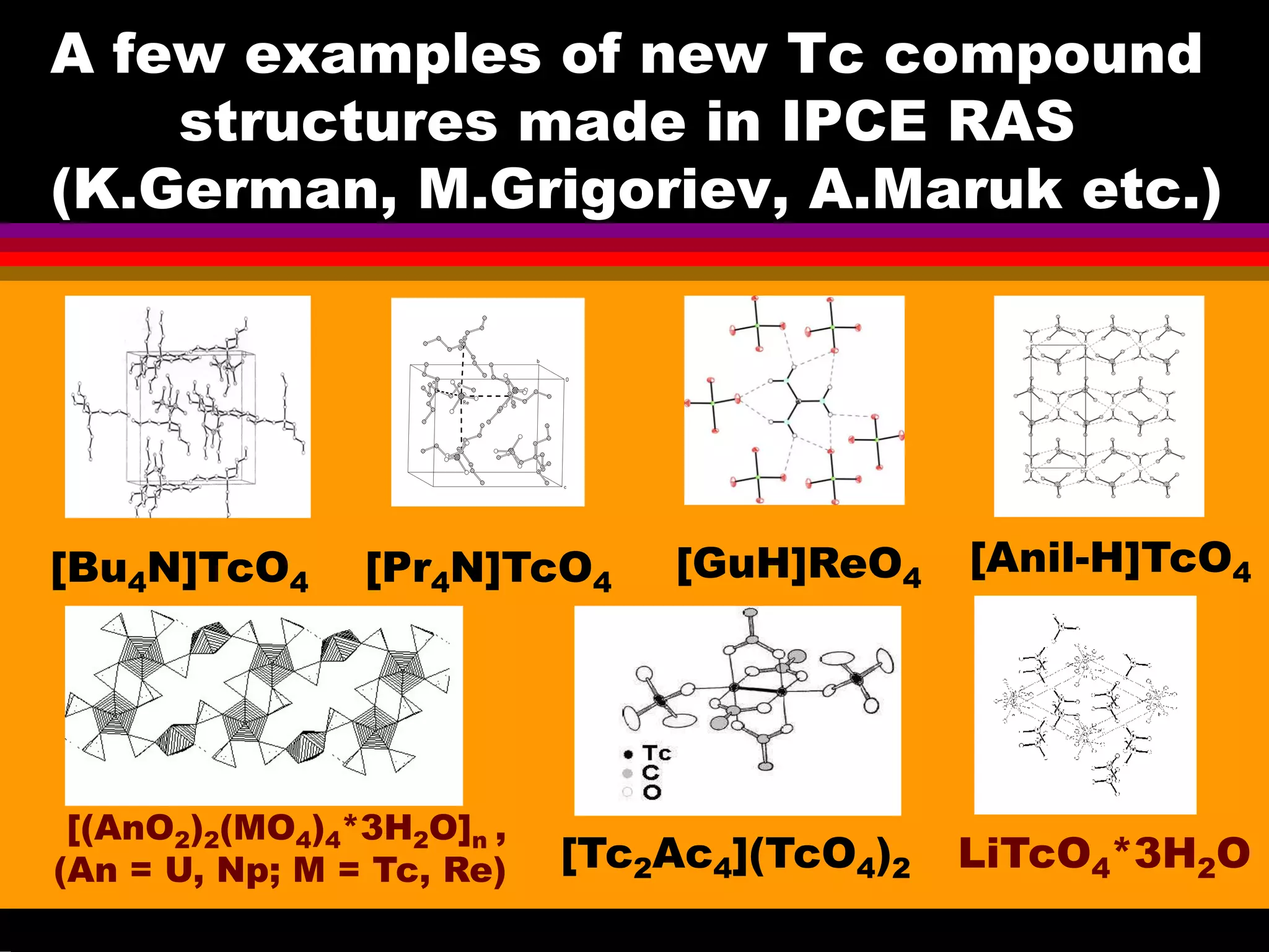 A few examples of new Tc compound
structures made in IPCE RAS
(K.German, M.Grigoriev, A.Maruk etc.)
[Anil-H]TcO4[GuH]ReO4
LiTcO4*3H2O
[Bu4N]TcO4
[(AnO2)2(MO4)4*3H2O]n ,
(An = U, Np; M = Tc, Re)
[Pr4N]TcO4
[Tc2Ac4](TcO4)2
 