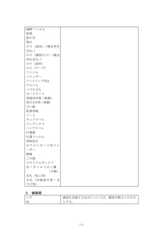OHP フィルム
絵筆
絵の具
墨汁
のり（液状 ） （補充用を
含む。 ）
のり（澱粉のり ） （補充
用を含む。 ）
のり（固形）
のり（テープ）
ファイル
バインダー
ファイリング用品
アルバム
つづりひも
カードケース
事務用封筒（紙製）
窓付き封筒（紙製）
けい紙
起案用紙
ノート
タックラベル
インデックス
パンチラベル
付箋紙
付箋フィルム
黒板拭き
ホワイトボード用イレ
ーザー
額縁
ごみ箱
リサイクルボックス
缶・ボトルつぶし機
         （手動）
名札（机上用）
名札（衣服取付型・首
下げ型）

３   機器類
いす              調達を実施する品目については、調達目標は１００％
机               とする。




                     -3-
 