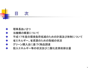 目   次


理事長あいさつ
当機構の概要について
平成１７年度の環境負荷低減のための計画及び体制について
省エネルギー、省資源のための取組の状況
グリーン購入法に基づく物品調達
投入エネルギー等の状況及び二酸化炭素総排出量
 