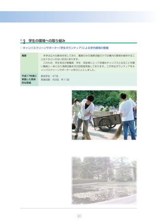 ６-    学生の環境への取り組み
 ３
○キャンパスクリーンサポーター
              （学生ボランティア）
                       による学内環境の整備

 概要         本学は広大な敷地を有しており，職員のみの清掃活動だけでは構内の環境を維持するこ
           とは十分といえない状況にあります。
            このため，学生有志が教職員・学生・来訪者にとって快適なキャンパスとなることを願
           い職員と一体となり清掃活動を月2回程度実施しております。この学生ボランティアをキ
           ャンパスクリーンサポーターと呼ぶこととしました。

 平成17年度に   参加学生：47名
 実施した具体    実施回数：月2回，年11回
 的な取組




                           31
 