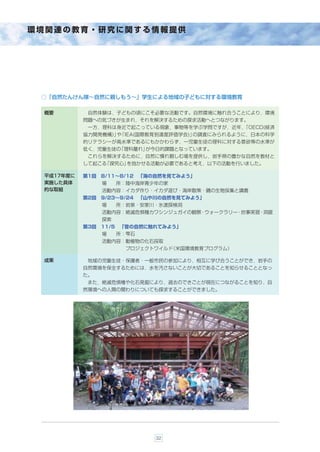 環境関連の教育・研究に関する情報提供




 ○「自然たんけん隊∼自然に親しもう∼」学生による地域の子どもに対する環境教育

 概要         自然体験は，子どもの頃にこそ必要な活動です。自然環境に触れ合うことにより，環境
           問題への気づきが生まれ，それを解決するための探求活動へとつながります。
            一方，理科は身近で起こっている現象，事物等を学ぶ学問ですが，近年，「OECD(経済
           協力開発機構)」 「IEA(国際教育到達度評価学会)」
                   や                  の調査にみられるように，日本の科学
           的リテラシーが高水準であるにもかかわらず，一児童生徒の理科に対する意欲等の水準が
           低く，児童生徒の「理科離れ」が今日的課題となっています。
            これらを解決するために，自然に慣れ親しむ場を提供し，岩手県の豊かな自然を教材と
           して起こる「探究心」を抱かせる活動が必要であると考え，以下の活動を行いました。

 平成17年度に   第1回 8/11∼8/12 「海の自然を見てみよう」
 実施した具体         場    所：陸中海岸青少年の家
 的な取組           活動内容：イカダ作り・イカダ遊び・海岸散策・磯の生物採集と講義
           第2回 9/23∼9/24 「山や川の自然を見てみよう」
                場    所：岩泉・安家川・氷渡探検洞
                活動内容：絶滅危惧種カワシンジュガイの観察・ウォークラリー・炊事実習・洞窟
                探索
           第3回 11/5 「昔の自然に触れてみよう」
                場    所：雫石
                活動内容：動植物の化石採取
                      プロジェクトワイルド（米国環境教育プログラム）

 成果         地域の児童生徒・保護者・一般市民の参加により，相互に学び合うことができ，岩手の
           自然環境を保全するためには，水を汚さないことが大切であることを知らせることとなっ
           た。
            また，絶滅危惧種や化石発掘により，過去のできごとが現在につながることを知り，自
           然環境への人間の関わりについても探求することができました。




                             32
 