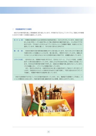 ○ 附属養護学校での事例

 本校では作業学習を通して環境教育に取り組んでいます。中学部では「石けん」
                                    「リサイクル」
                                          「園芸」の作業種
に分かれて年間110時間の活動をしています。


 石 け ん 班      附属校の給食室から出た使用済みの食用油を使い，石けん作りをしています。各校から回
             収した油に苛性ソーダと給食で残ったご飯と熱湯を加え攪拌を繰り返し，2ヵ月ほどででき
             あがります。できあがった石けんは「プリン石けん」として保護者や職員，地域の人たちに
             提供しています。環境に優しく，汚れが良く落ちると評判です。


 園   芸   班    校地内の樹木の落ち葉を集め腐葉土作りに取り組んでいます。秋から冬にかけて集めた落
             ち葉を木枠に入れ腐葉土にしたものを，春に畑に戻し，野菜作りを行っています。腐葉土を
             入れることにより軟らかな土になり化学肥料を減らす事ができ，収穫量も高まっています。


 リサイクル班       校内をはじめ，保護者や地域に呼びかけ，空き缶（スチール，アルミ）や空瓶，古新聞，
             段ボール等の回収活動を行っています。回収したものを生徒が分別して業者に引き渡してい
             ます。空き缶は作業学習の授業で手押し式，足踏み式の機械で潰し嵩を少なくしています。
             ゴミの減量と共に，リサイクルの意識が高まっています。
              また，剥き芯と呼ばれる，合板を作るために使った廃材を加工して鉢カバー作りを行って
             います。合板会社からもらった廃材を30㎝ほどに鋸で切断し，円形に組み合わせてボンド
             で接着し，保護者や関係する施設等に配っています。

  本校では高等部でも牛乳パックから手漉き和紙を作っています。また，職員室では節電タップを使い，パ
 ソコンの電気をこまめに切り，内部の配布文書に裏紙を使うなど節電，節約に心がけています。




                             35
 