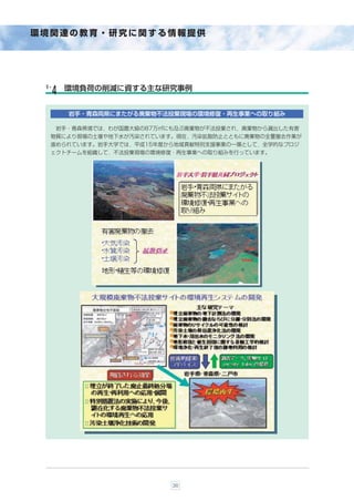 環境関連の教育・研究に関する情報提供




 ６-    環境負荷の削減に資する主な研究事例
  ４
        岩手・青森両県にまたがる廃棄物不法投棄現場の環境修復・再生事業への取り組み

      岩手・青森県境では，わが国最大級の87万ãにも及ぶ廃棄物が不法投棄され，廃棄物から漏出した有害
  物質により現場の土壌や地下水が汚染されています。現在，汚染拡散防止とともに廃棄物の全量撤去作業が
  進められています。岩手大学では，平成15年度から地域貢献特別支援事業の一環として，全学的なプロジ
  ェクトチームを組織して，不法投棄現場の環境修復・再生事業への取り組みを行っています。




                            36
 