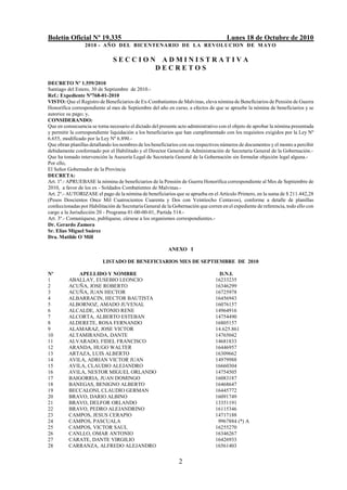Boletín Oficial Nº 19.335                                                             Lunes 18 de Octubre de 2010
                 2010 - AÑO DEL BICENTENARIO DE LA REVOLUCION DE M AYO

                               SECCION ADMINISTRATIVA
                                      DECRETOS

DECRETO Nº 1.559/2010
Santiago del Estero, 30 de Septiembre de 2010.-
Ref.: Expediente Nº768-01-2010
VISTO: Que el Registro de Beneficiarios de Ex-Combatientes de Malvinas, eleva nómina de Beneficiarios de Pensión de Guerra
Honorífica correspondiente al mes de Septiembre del año en curso, a efectos de que se apruebe la nómina de beneficiarios y se
autorice su pago; y,
CONSIDERANDO:
Que en consecuencia se torna necesario el dictado del presente acto administrativo con el objeto de aprobar la nómina presentada
y permitir la correspondiente liquidación a los beneficiarios que han cumplimentado con los requisitos exigidos por la Ley Nº
6.655, modificado por la Ley Nº 6.890.-
Que obran planillas detallando los nombres de los beneficiarios con sus respectivos números de documentos y el monto a percibir
debidamente conformado por el Habilitado y el Director General de Administración de Secretaría General de la Gobernación.-
Que ha tomado intervención la Asesoría Legal de Secretaría General de la Gobernación sin formular objeción legal alguna.-
Por ello,
El Señor Gobernador de la Provincia
DECRETA:
Art. 1º.- APRUEBASE la nómina de beneficiarios de la Pensión de Guerra Honorífica correspondiente al Mes de Septiembre de
2010, a favor de los ex - Soldados Combatientes de Malvinas.-
Art. 2º.- AUTORIZASE el pago de la nómina de beneficiarios que se aprueba en el Artículo Primero, en la suma de $ 211.442,28
(Pesos Doscientos Once Mil Cuatrocientos Cuarenta y Dos con Veintiocho Centavos), conforme a detalle de planillas
confeccionadas por Habilitación de Secretaría General de la Gobernación que corren en el expediente de referencia, todo ello con
cargo a la Jurisdicción 20 - Programa 01-00-00-01, Partida 514.-
Art. 3º.- Comuníquese, publíquese, cúrsese a los organismos correspondientes.-
Dr. Gerardo Zamora
Sr. Elías Miguel Suárez
Dra. Matilde O'Mill

                                                          ANEXO I

                          LISTADO DE BENEFICIARIOS MES DE SEPTIEMBRE DE 2010

Nº           APELLIDO Y NOMBRE                                                    D.N.I.
1         ABALLAY, EUSEBIO LEONCIO                                              16233235
2         ACUÑA, JOSE ROBERTO                                                   16346299
3         ACUÑA, JUAN HECTOR                                                    16725978
4         ALBARRACIN, HECTOR BAUTISTA                                           16456943
5         ALBORNOZ, AMADO JUVENAL                                               16076157
6         ALCALDE, ANTONIO RENE                                                 14964916
7         ALCORTA, ALBERTO ESTEBAN                                              14754490
8         ALDERETE, ROSA FERNANDO                                               16805157
9         ALAMARAZ, JOSE VICTOR                                                 14.625.861
10        ALTAMIRANDA, DANTE                                                    14765042
11        ALVARADO, FIDEL FRANCISCO                                             14681833
12        ARANDA, HUGO WALTER                                                   16446957
13        ARTAZA, LUIS ALBERTO                                                  16309662
14        AVILA, ADRIAN VICTOR JUAN                                             14979988
15        AVILA, CLAUDIO ALEJANDRO                                              16660304
16        AVILA, NESTOR MIGUEL ORLANDO                                          14754505
17        BAIGORRIA, JUAN DOMINGO                                               16083187
18        BANEGAS, BENIGNO ALBERTO                                              16468647
19        BECCALONI, CLAUDIO GERMAN                                             16445772
20        BRAVO, DARIO ALBINO                                                   16091749
21        BRAVO, DELFOR ORLANDO                                                 13351191
22        BRAVO, PEDRO ALEJANDRINO                                              16115346
23        CAMPOS, JESUS CERAPIO                                                 14717188
24        CAMPOS, PASCUALA                                                       9967884 (*) A
25        CAMPOS, VICTOR SAUL                                                   16255270
26        CANLLO, OMAR ANTONIO                                                  16346267
27        CARATE, DANTE VIRGILIO                                                16426933
28        CARRANZA, ALFREDO ALEJANDRO                                           16561403


                                                               2
 