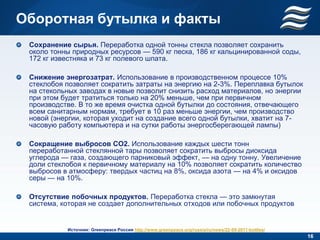 Оборотная бутылка и факты
 Сохранение сырья. Переработка одной тонны стекла позволяет сохранить
 около тонны природных ресурсов — 590 кг песка, 186 кг кальцинированной соды,
 172 кг известняка и 73 кг полевого шпата.

 Снижение энергозатрат. Использование в производственном процессе 10%
 стеклобоя позволяет сократить затраты на энергию на 2-3%. Переплавка бутылок
 на стекольных заводах в новые позволит снизить расход материалов, но энергии
 при этом будет тратиться только на 20% меньше, чем при первичном
 производстве. В то же время очистка одной бутылки до состояния, отвечающего
 всем санитарным нормам, требует в 10 раз меньше энергии, чем производство
 новой (энергии, которая уходит на создание всего одной бутылки, хватит на 7-
 часовую работу компьютера и на сутки работы энергосберегающей лампы)

 Сокращение выбросов CO2. Использование каждых шести тонн
 переработанной стеклянной тары позволяет сократить выбросы диоксида
 углерода — газа, создающего парниковый эффект, — на одну тонну. Увеличение
 доли стеклобоя к первичному материалу на 10% позволяет сократить количество
 выбросов в атмосферу: твердых частиц на 8%, оксида азота — на 4% и оксидов
 серы — на 10%.

 Отсутствие побочных продуктов. Переработка стекла — это замкнутая
 система, которая не создает дополнительных отходов или побочных продуктов


           Источник: Greenpeace Россия http://www.greenpeace.org/russia/ru/news/22-09-2011-bottles/
                                                                                                      16
 